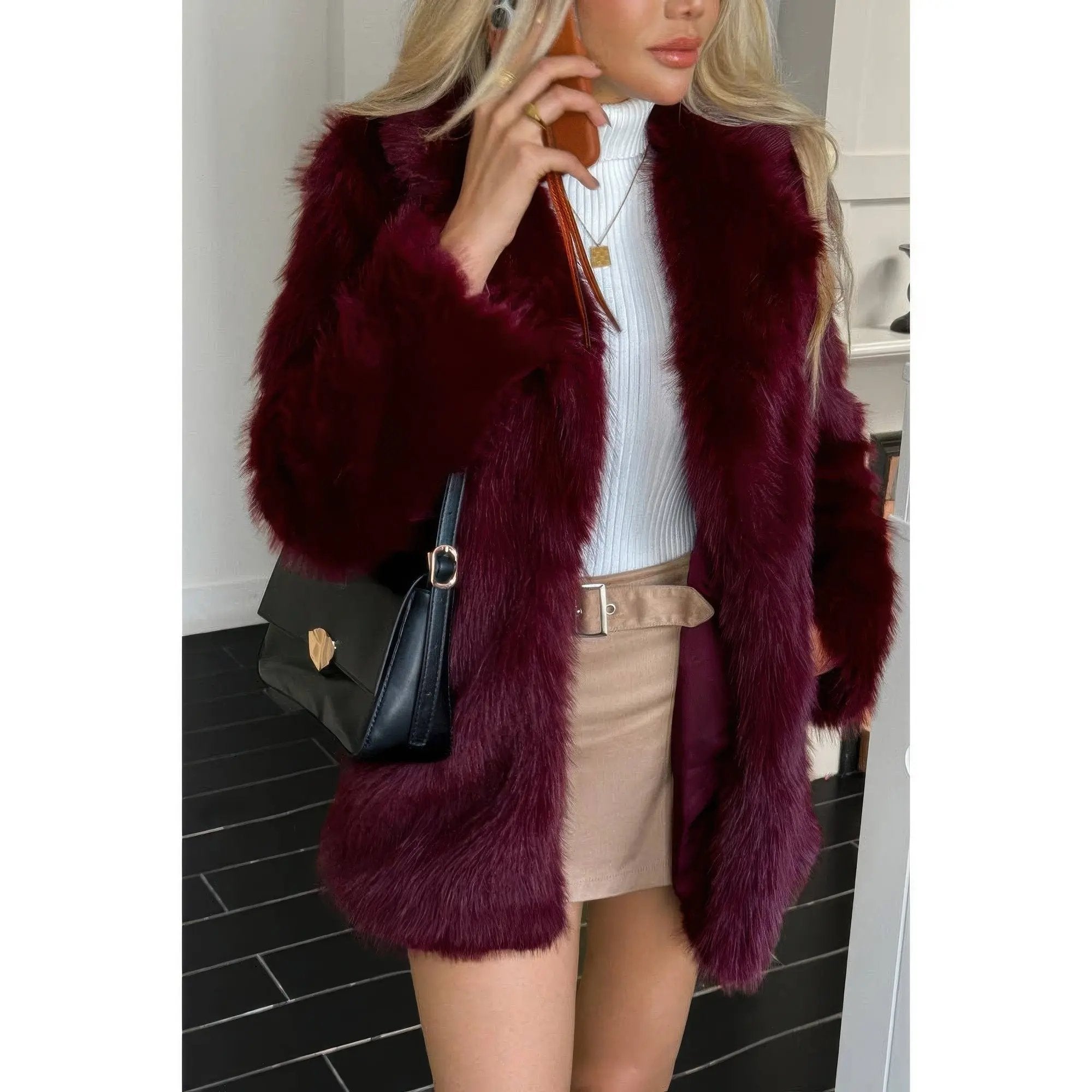 Faux Fur Fuzzy Fleece Lapel Open Front Coat - DressAffection