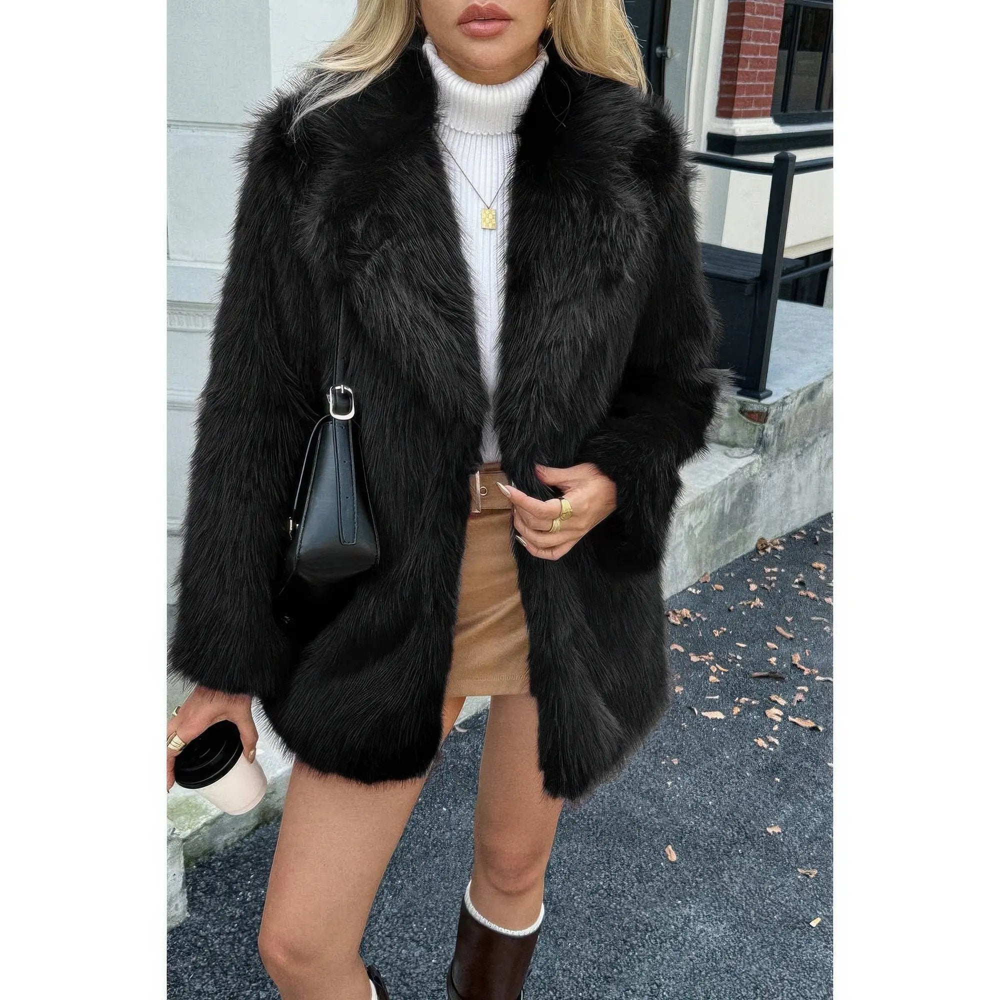 Faux Fur Fuzzy Fleece Lapel Open Front Coat - DressAffection