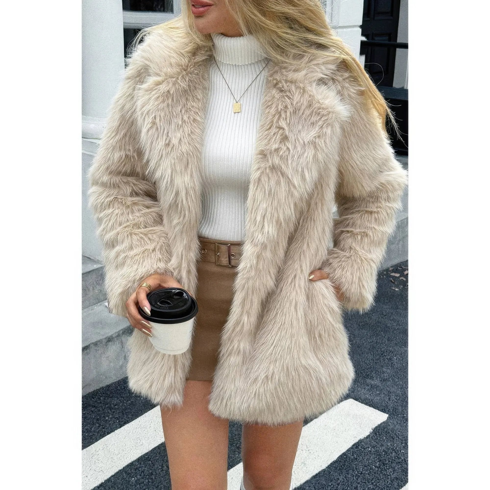 Faux Fur Fuzzy Fleece Lapel Open Front Coat - DressAffection