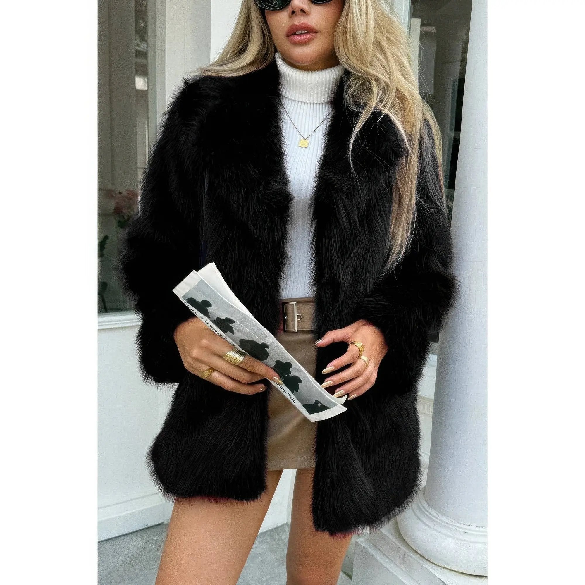 Faux Fur Fuzzy Fleece Lapel Open Front Coat - DressAffection