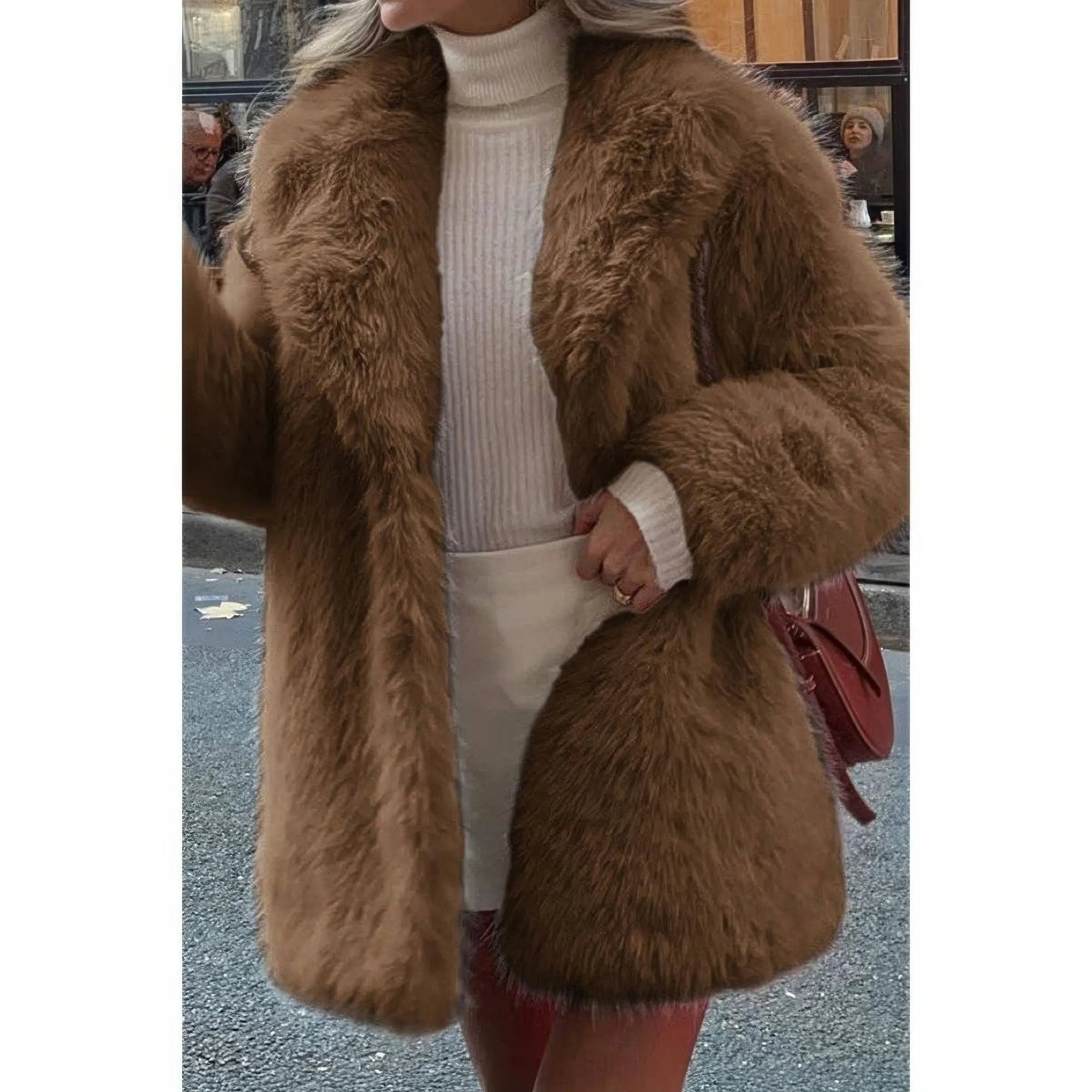 Faux Fur Fuzzy Fleece Lapel Open Front Coat - DressAffection