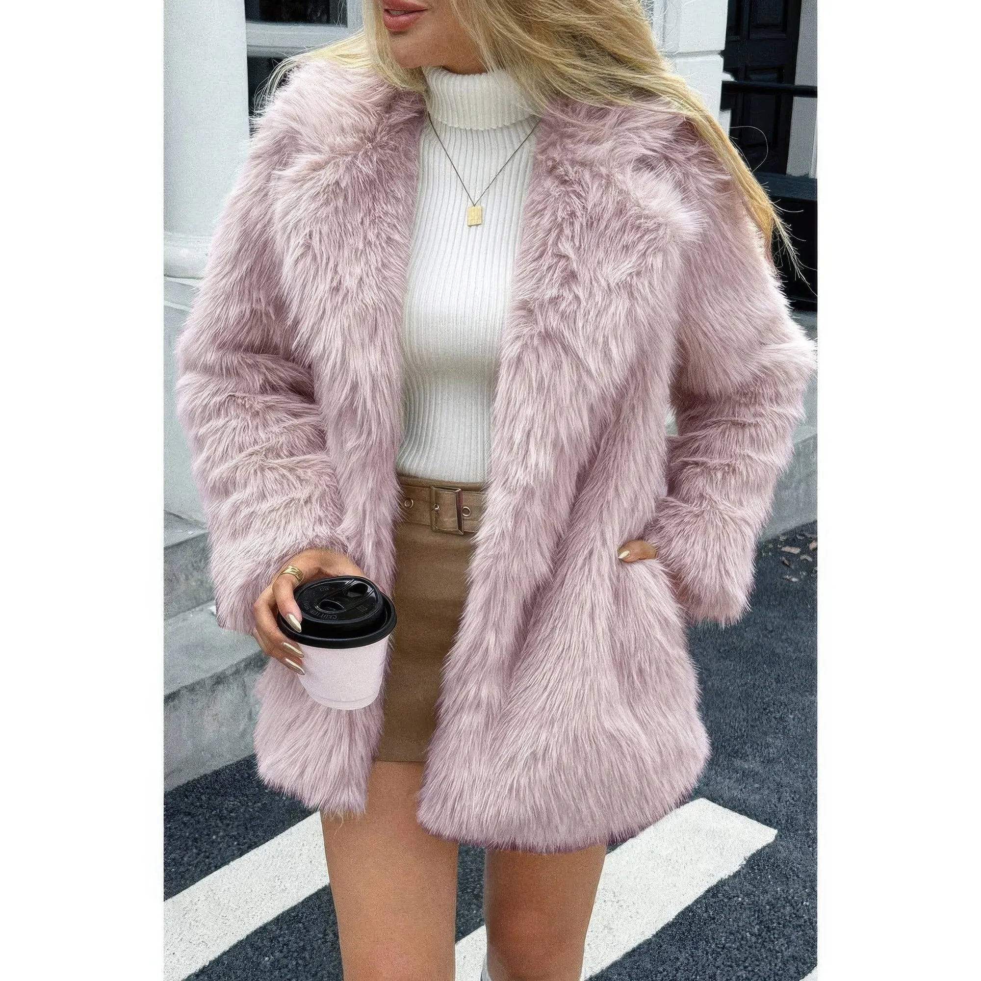 Faux Fur Fuzzy Fleece Lapel Open Front Coat - DressAffection