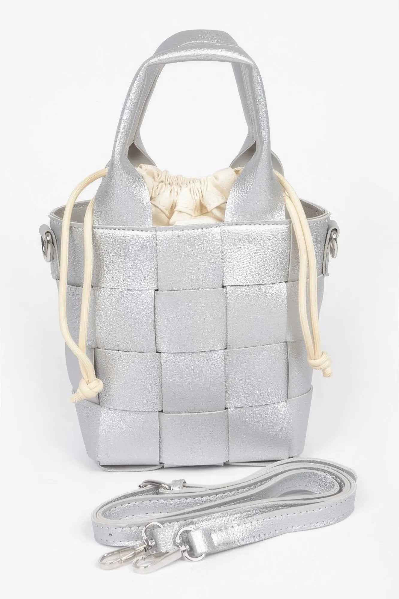 Faux Leather Braided Handle Bag W/canvas Pouch