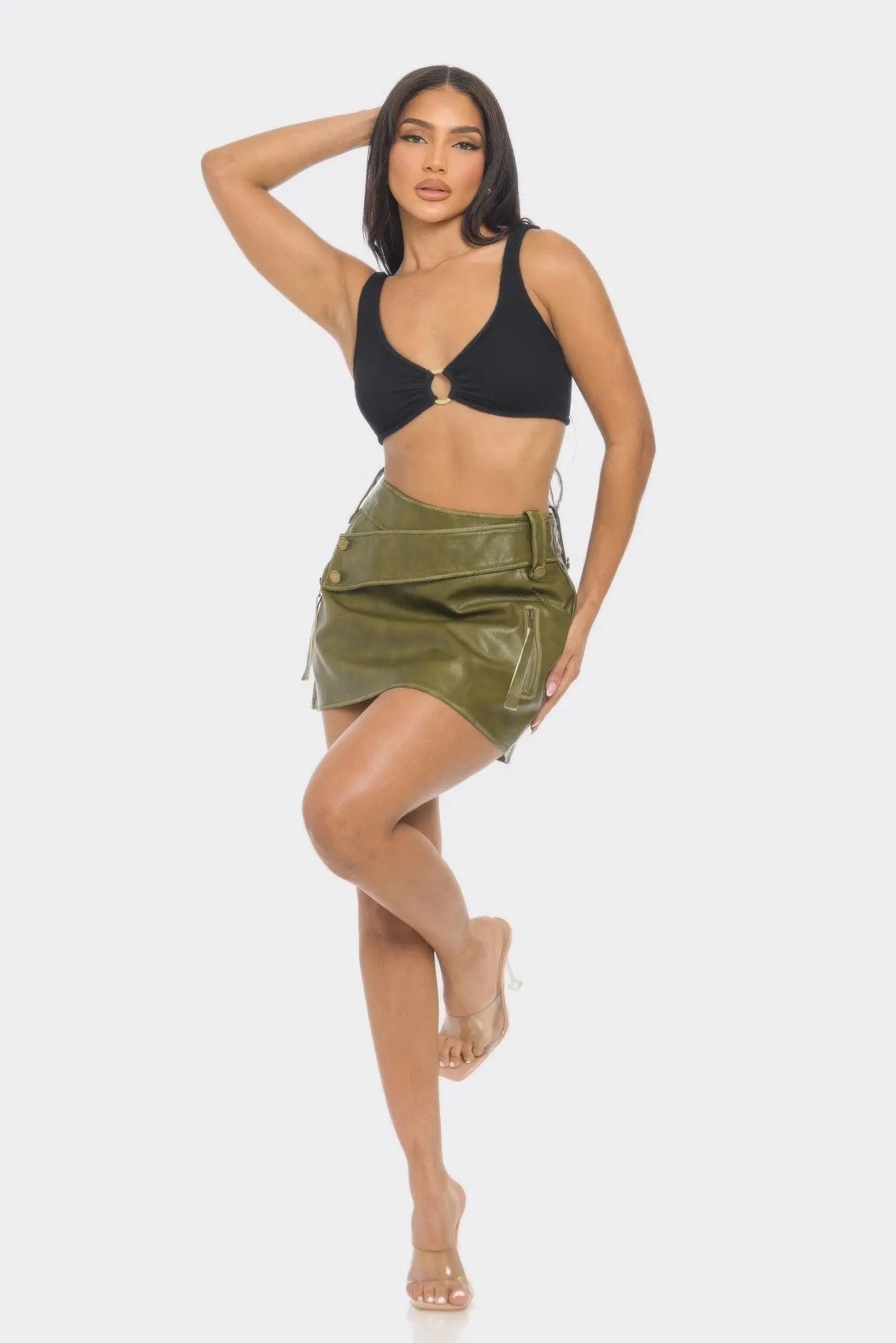 Faux Leather Strap Mini Skirt - DressAffection