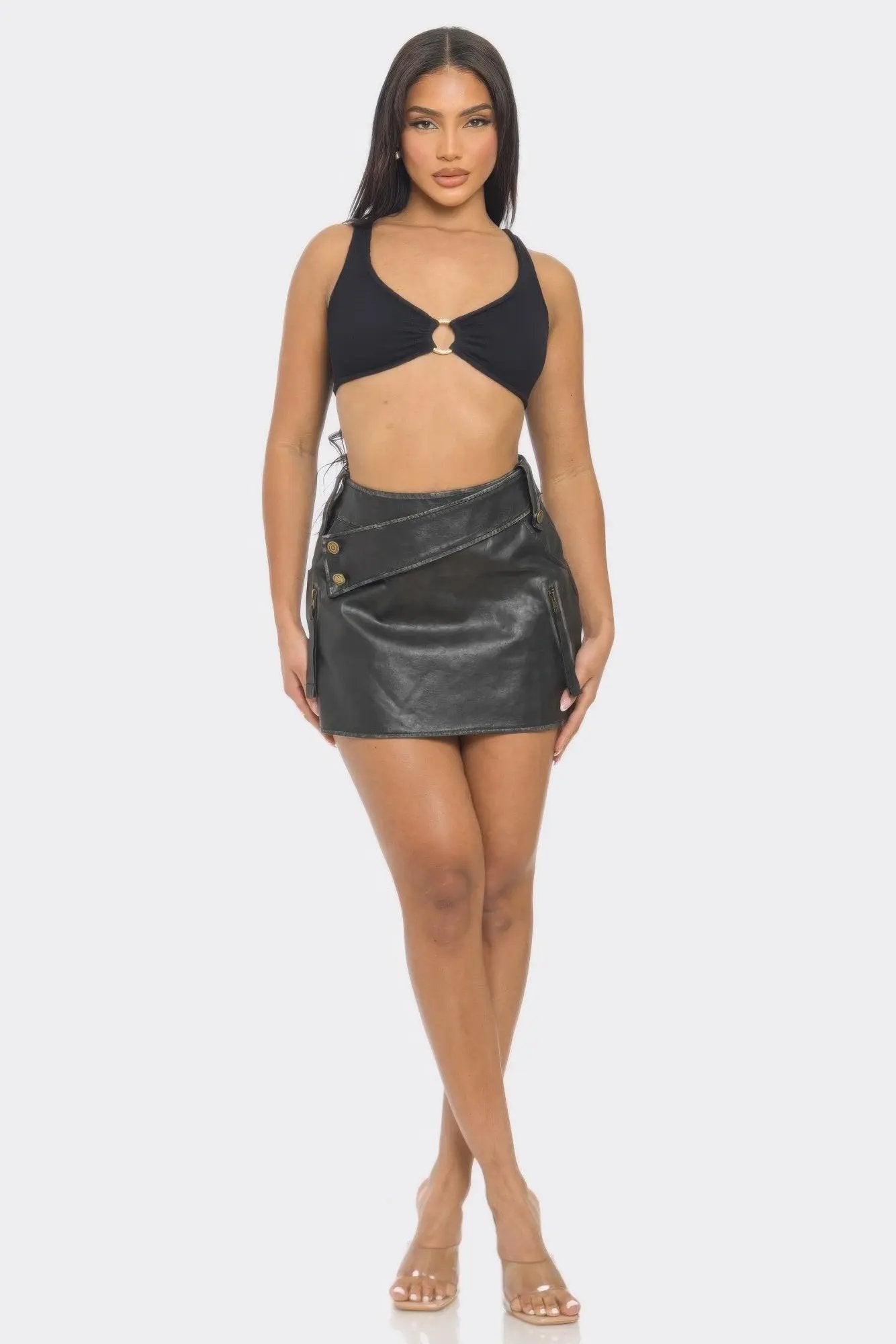 Faux Leather Strap Mini Skirt - DressAffection