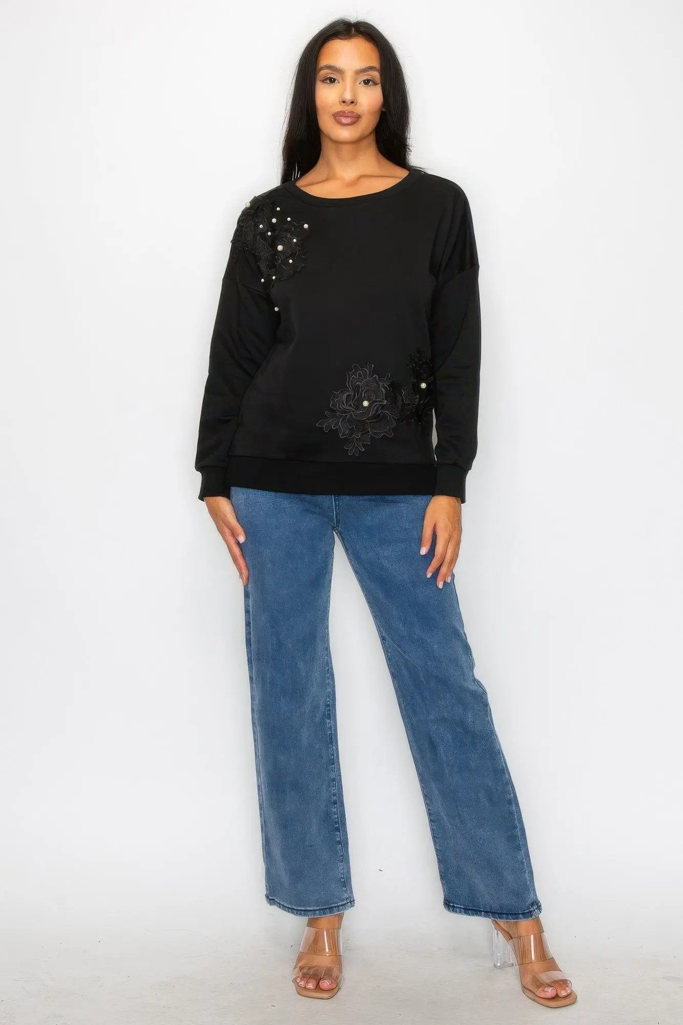 Faux Pearl Beaded Floral Patch Crewneck Sweatshirt - DressAffection
