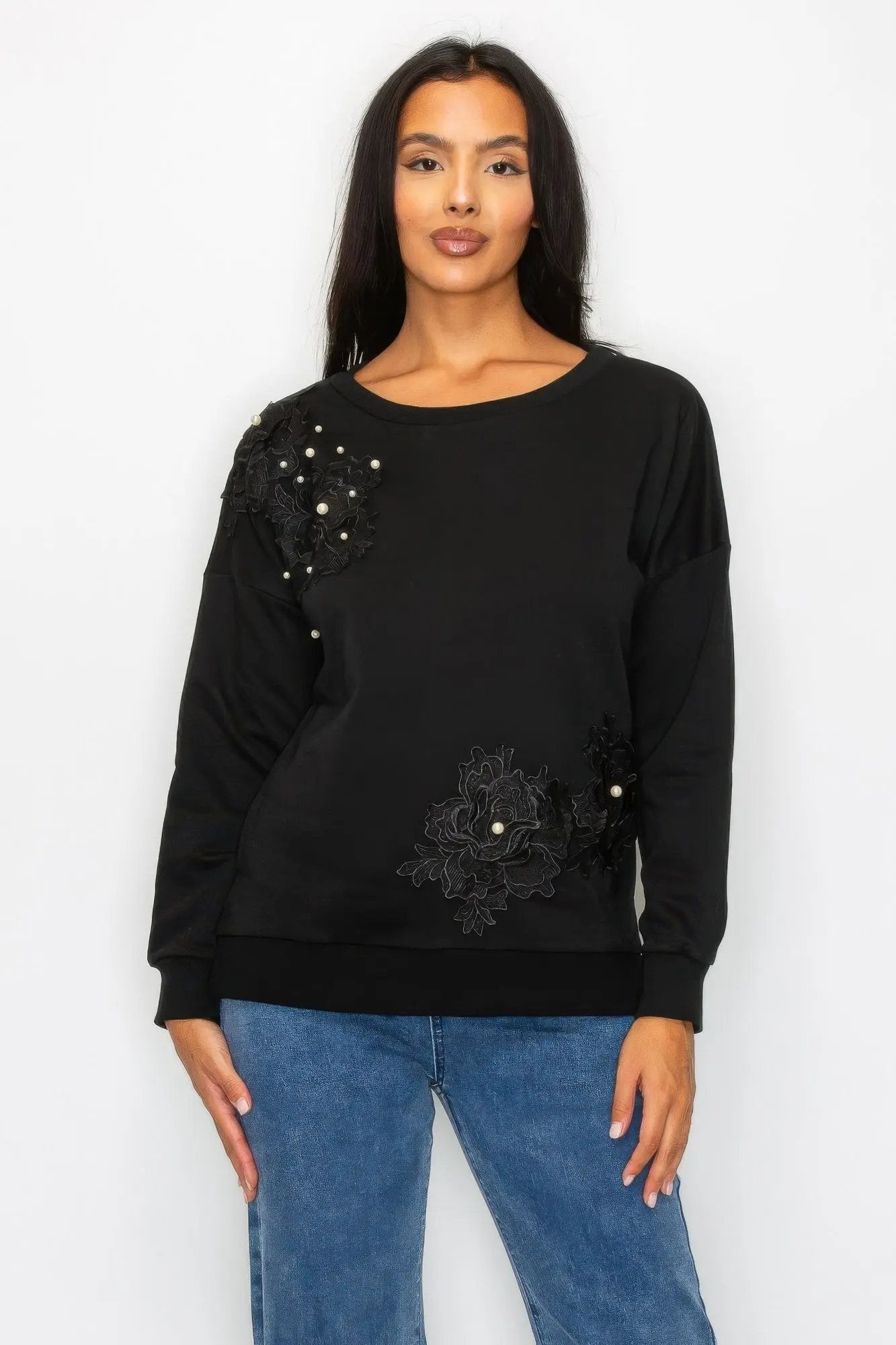 Faux Pearl Beaded Floral Patch Crewneck Sweatshirt - DressAffection