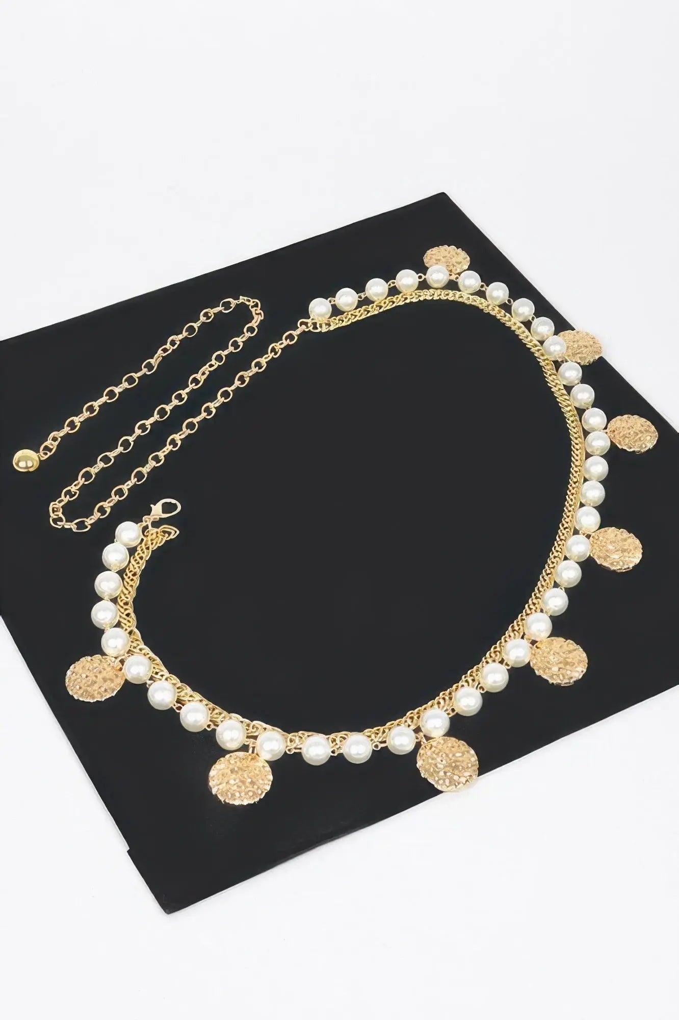 Faux Pearl Round Metal Chain Belt - DressAffection