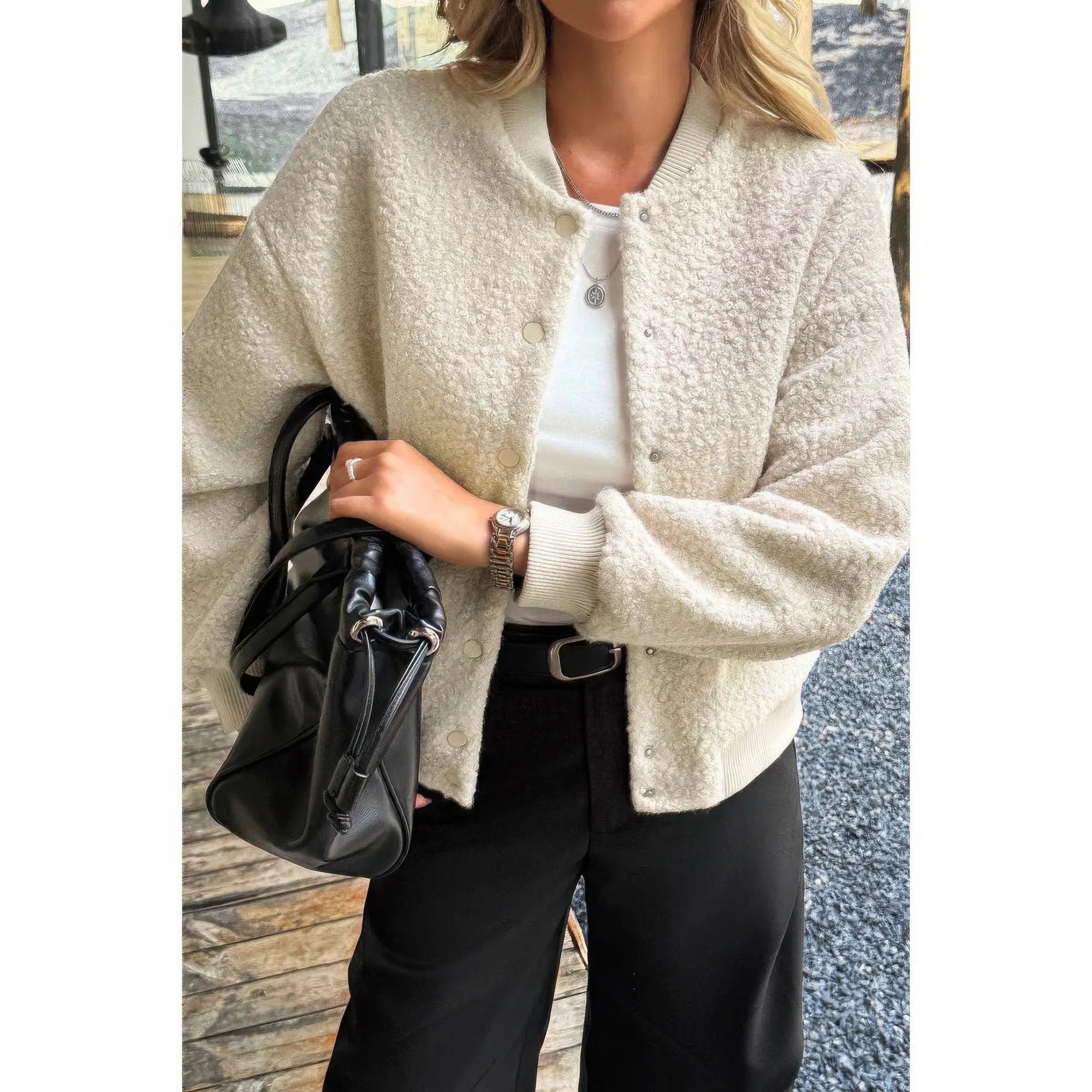 Faux Sherpa Fuzzy Teddy Bomber Jacket - DressAffection