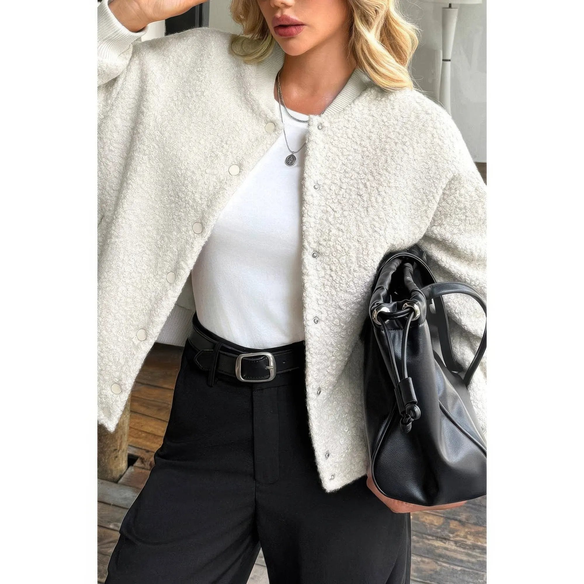 Faux Sherpa Fuzzy Teddy Bomber Jacket - DressAffection