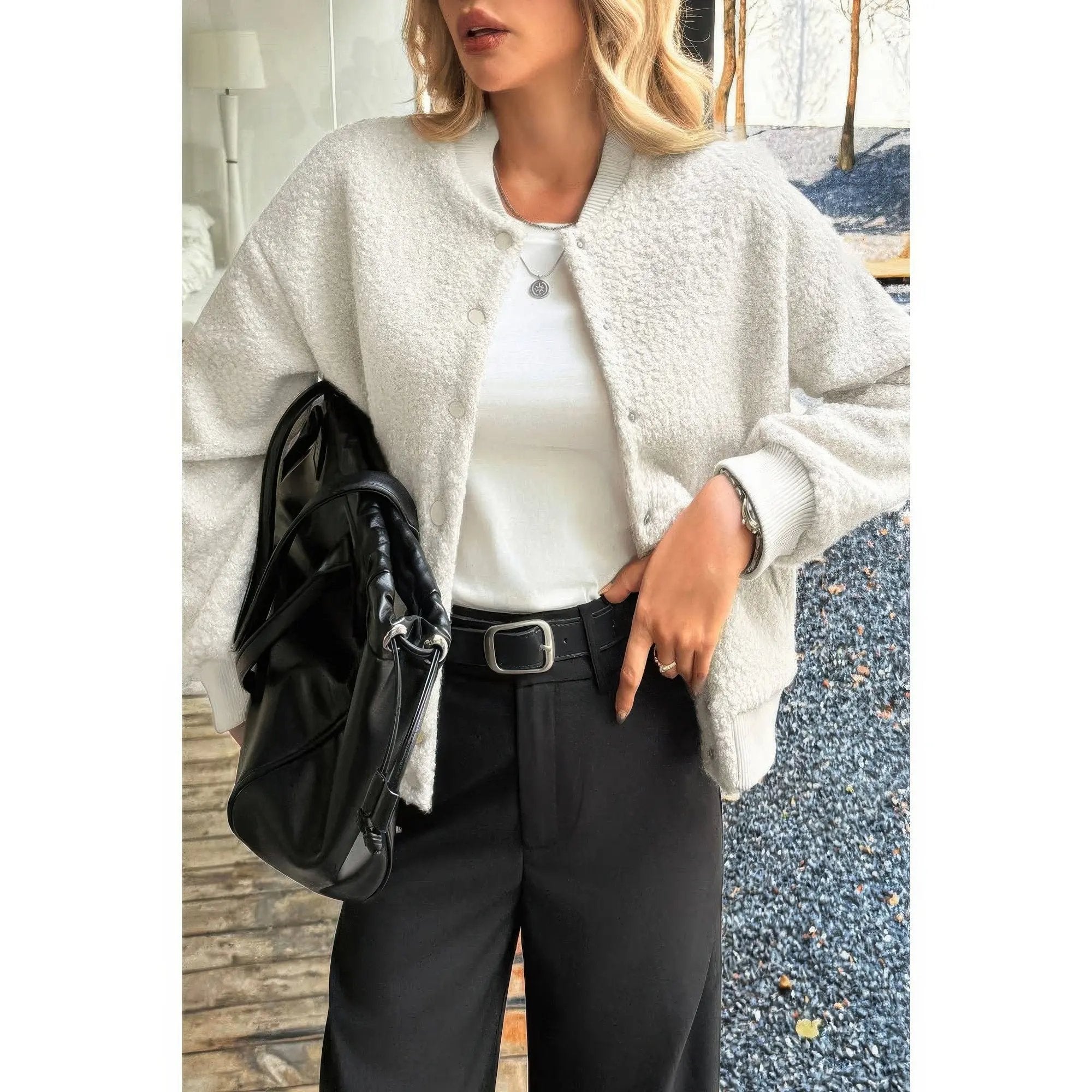 Faux Sherpa Fuzzy Teddy Bomber Jacket - DressAffection