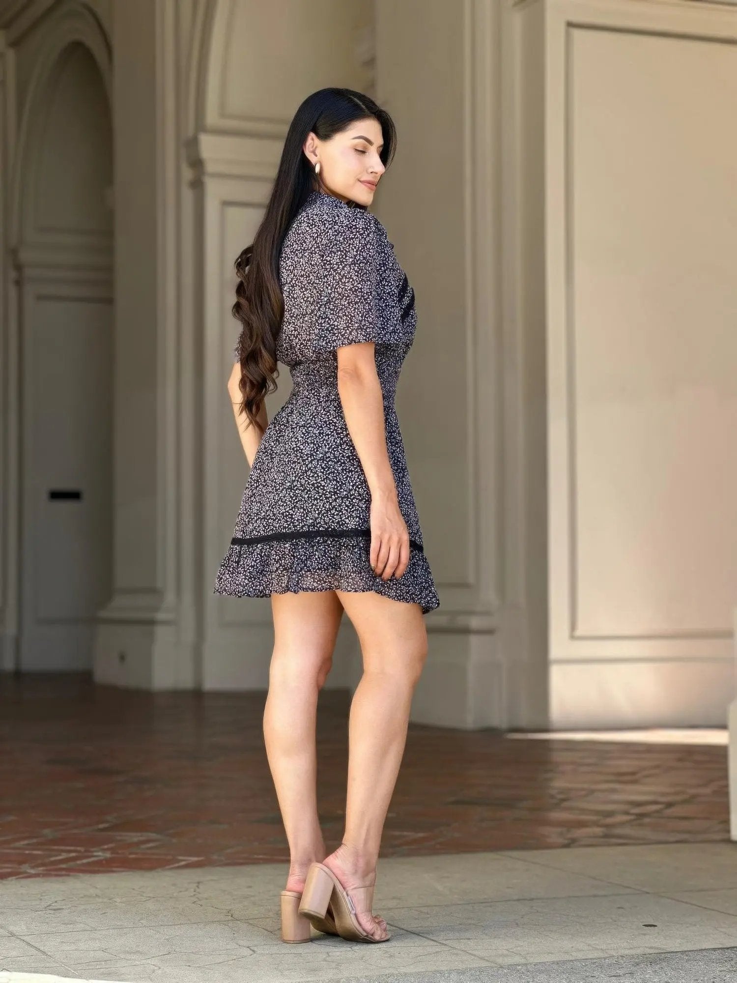 Floral Print Saffy Lace Smocking Waist Mini Dress - DressAffection