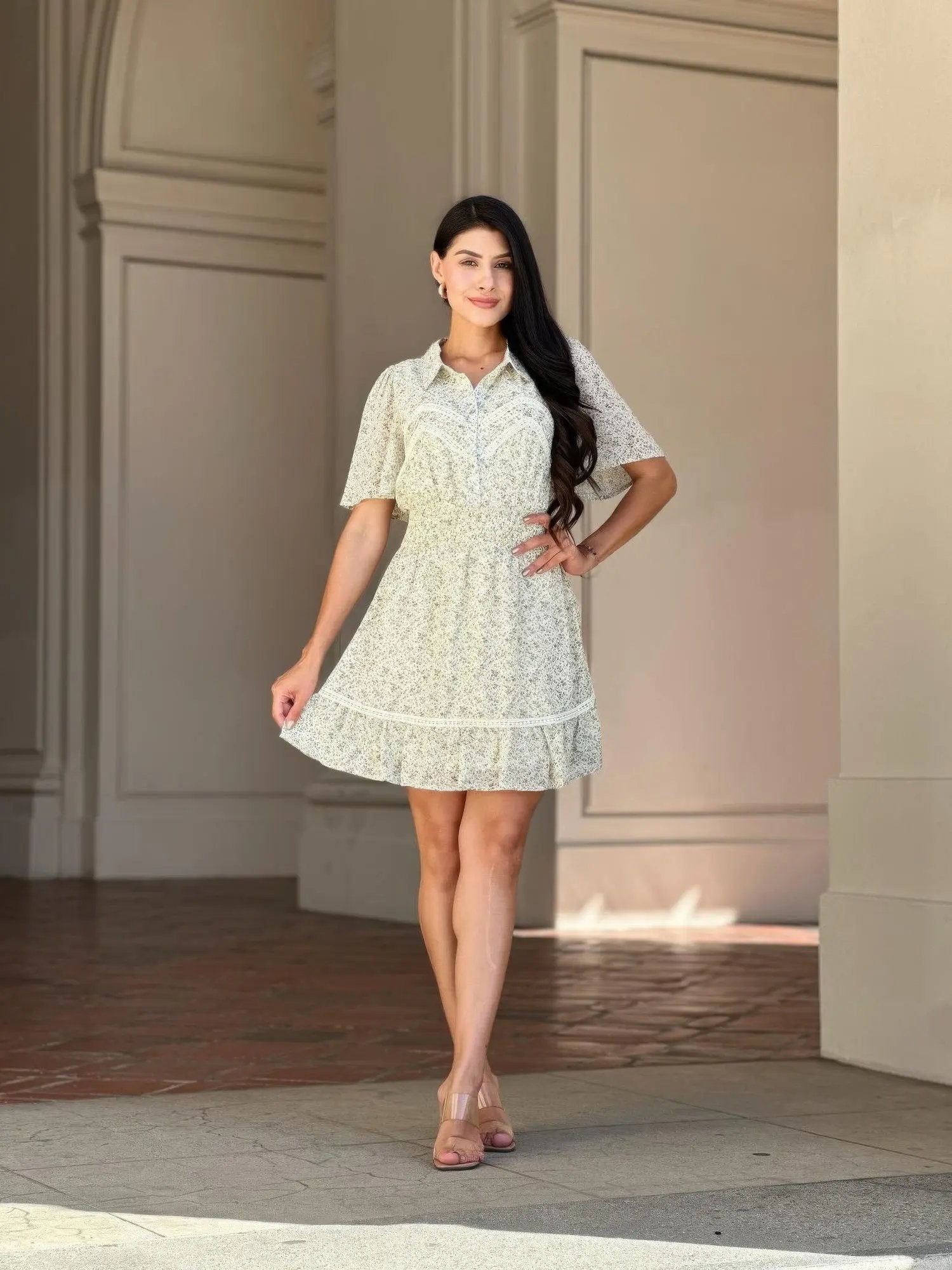 Floral Print Saffy Lace Smocking Waist Mini Dress - DressAffection