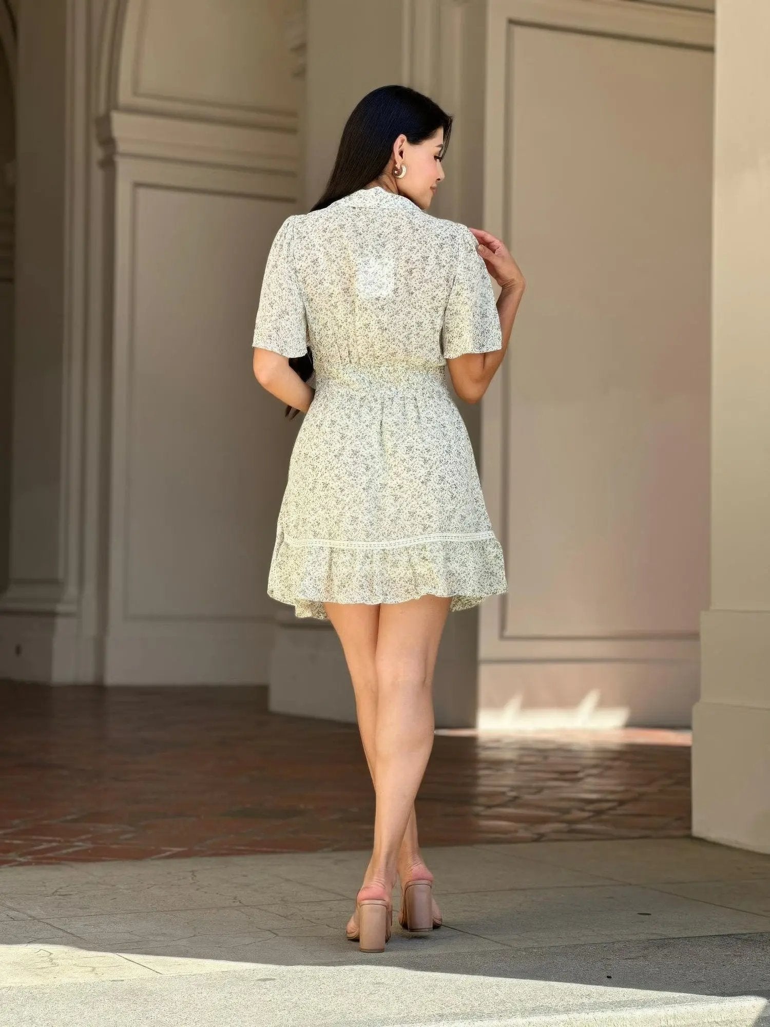 Floral Print Saffy Lace Smocking Waist Mini Dress - DressAffection