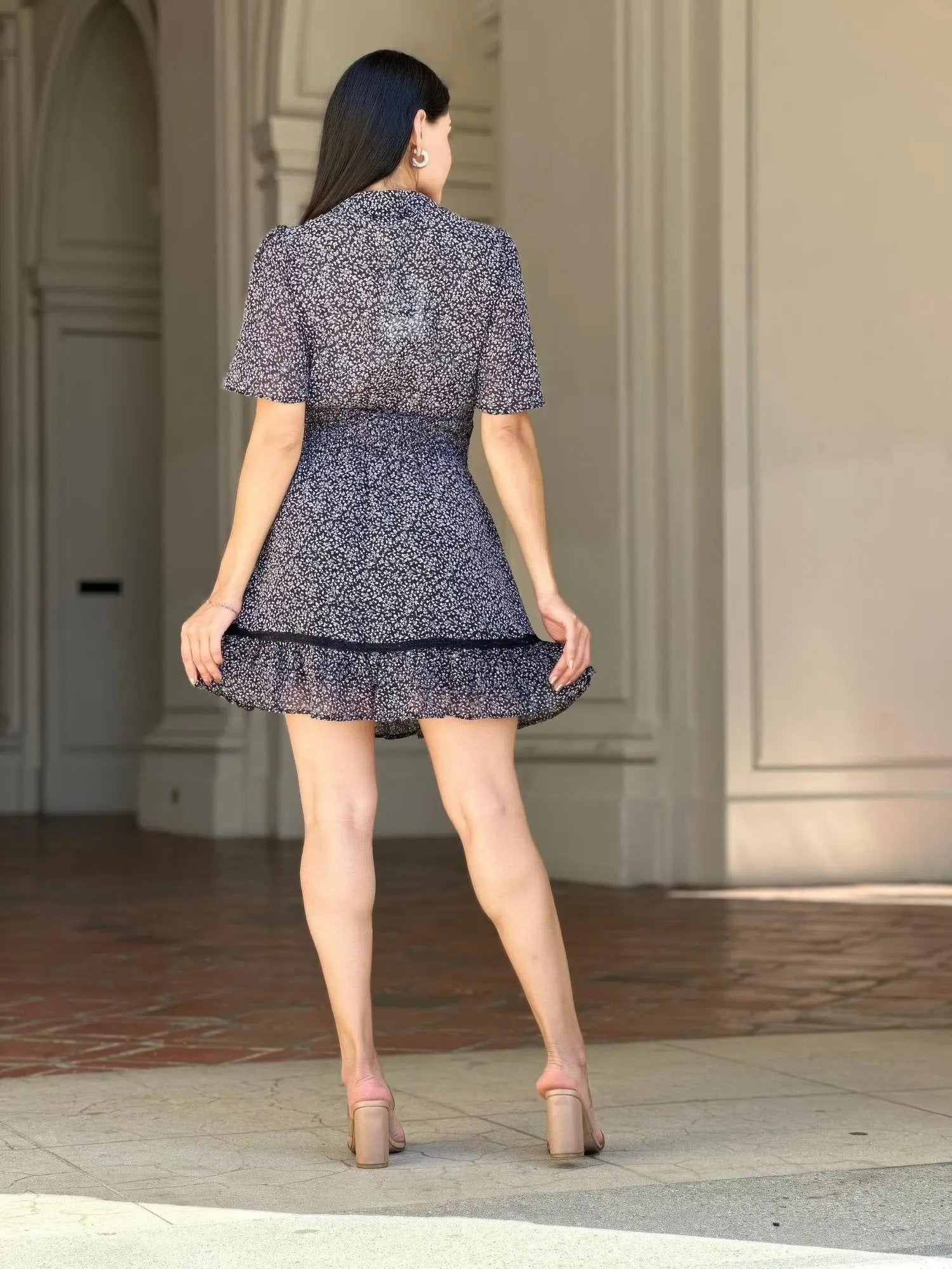 Floral Print Saffy Lace Smocking Waist Mini Dress - DressAffection