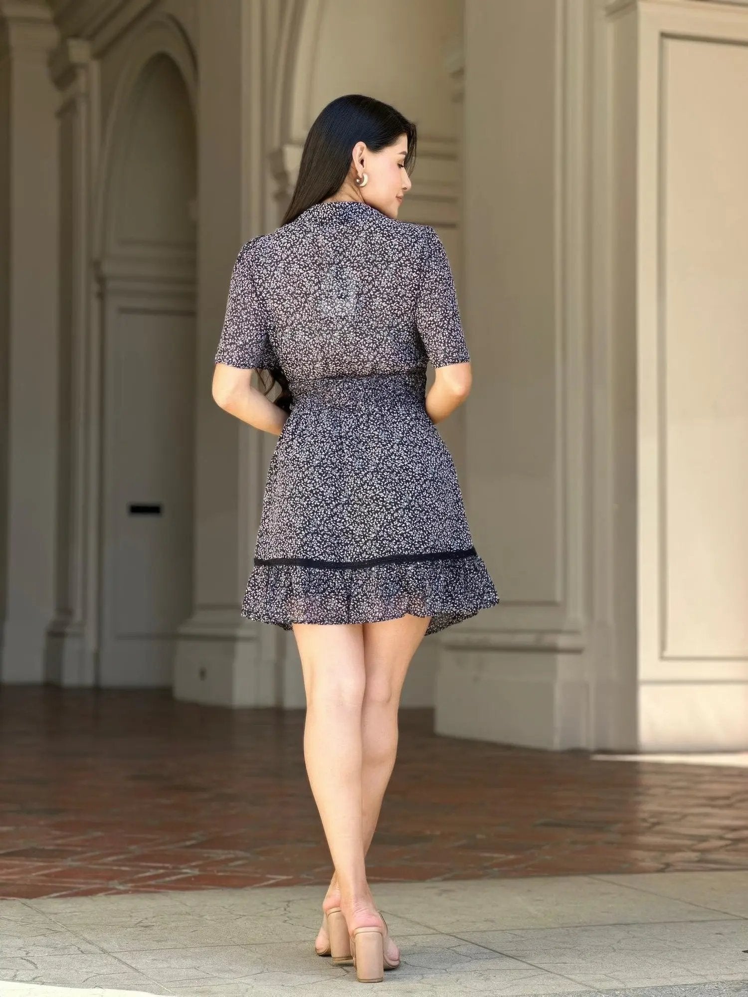 Floral Print Saffy Lace Smocking Waist Mini Dress - DressAffection