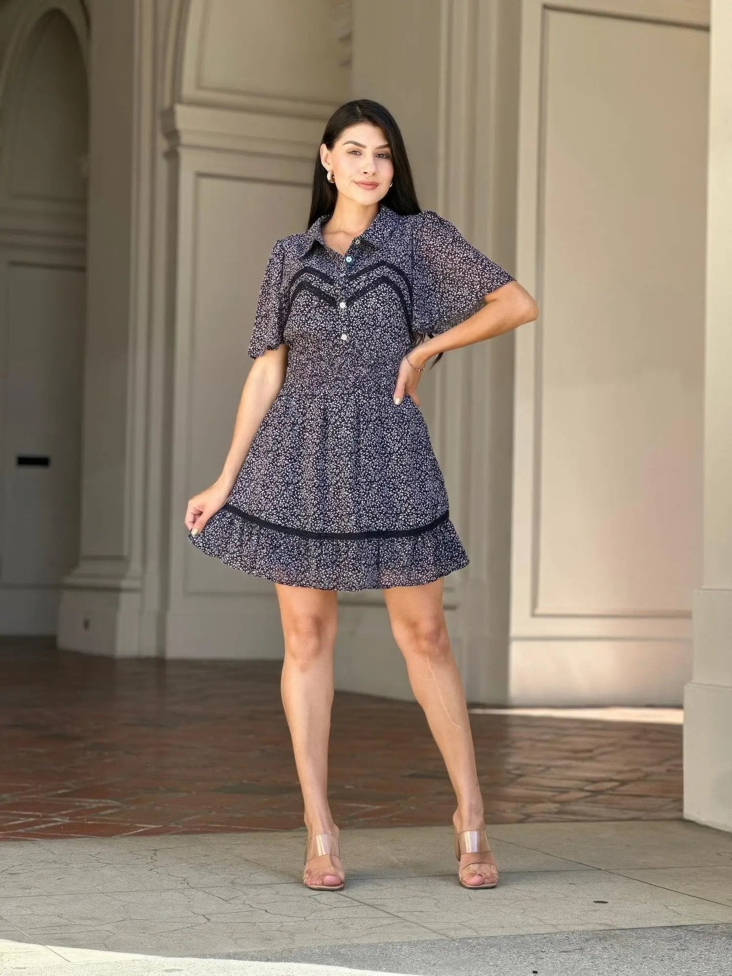 Floral Print Saffy Lace Smocking Waist Mini Dress - DressAffection