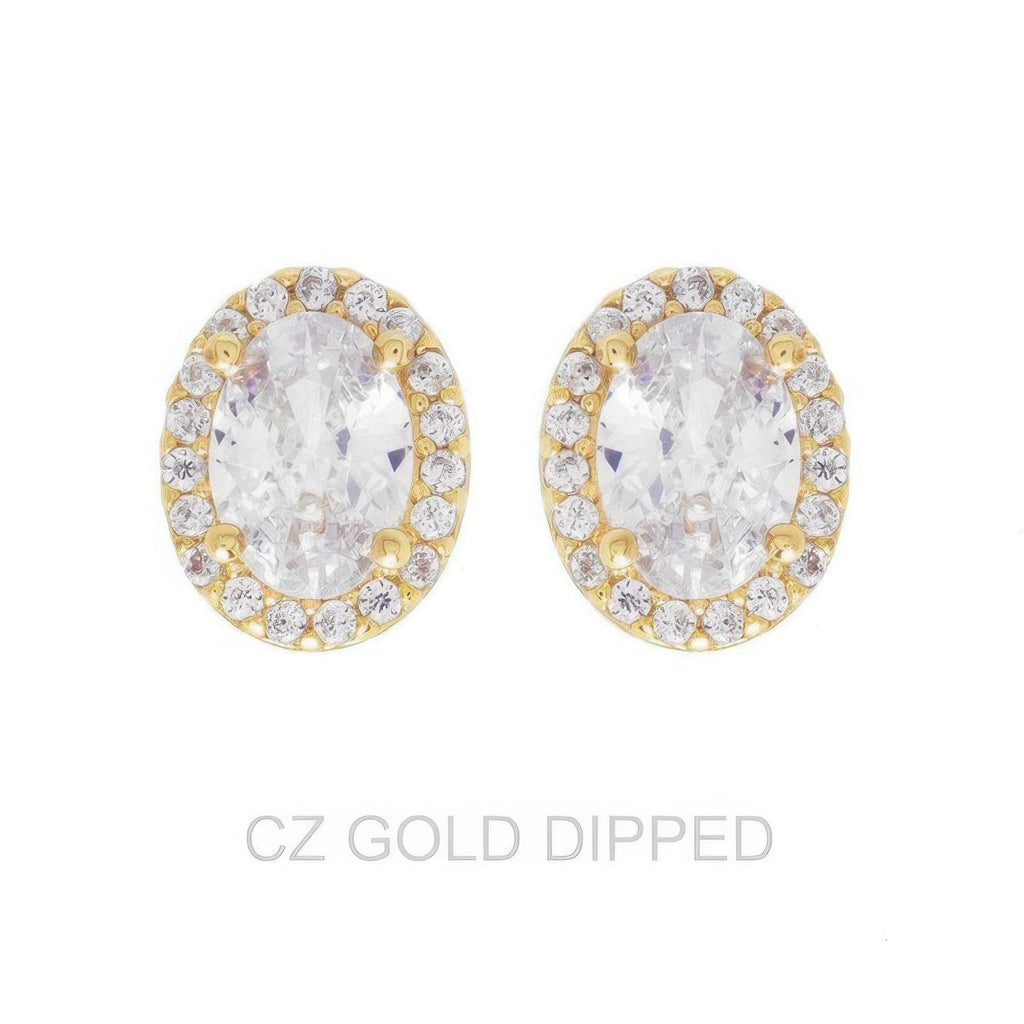 Gold Dipped Cz Oval Halo Stud Earrings - DressAffection