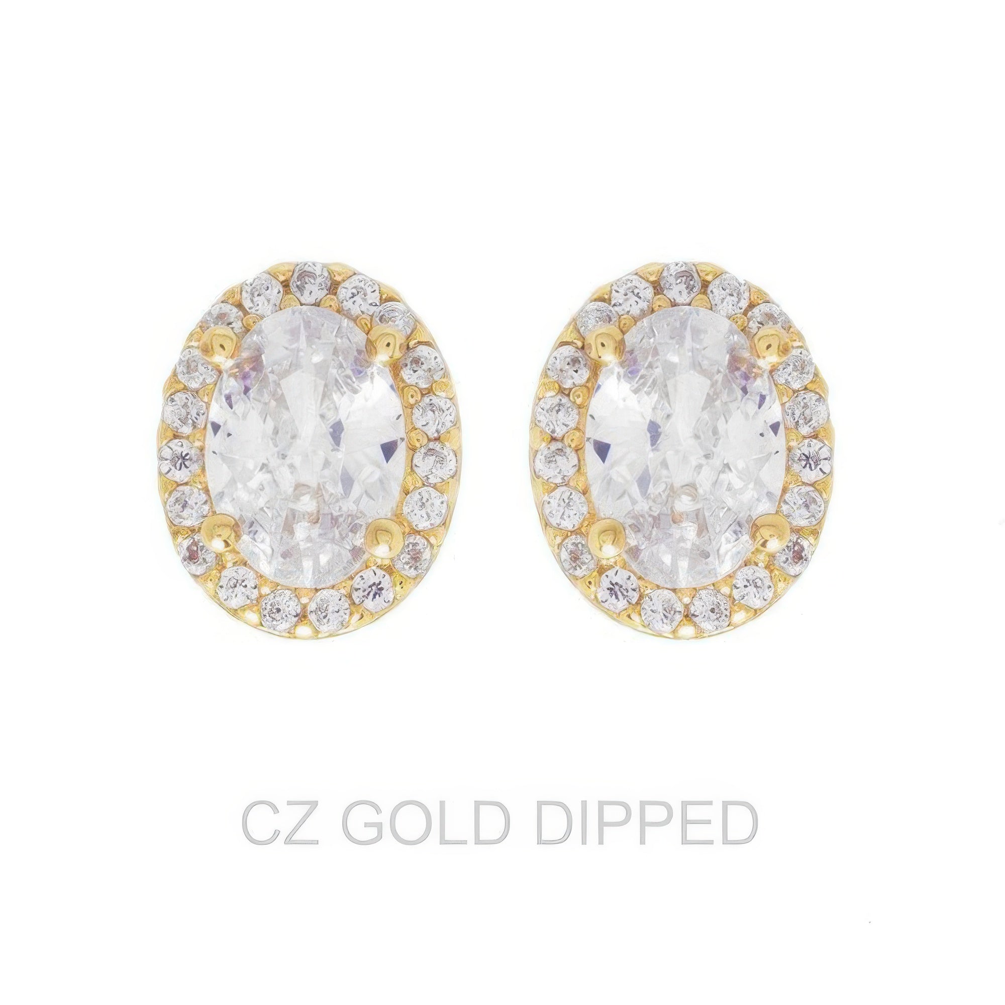 Gold Dipped Cz Oval Halo Stud Earrings - DressAffection