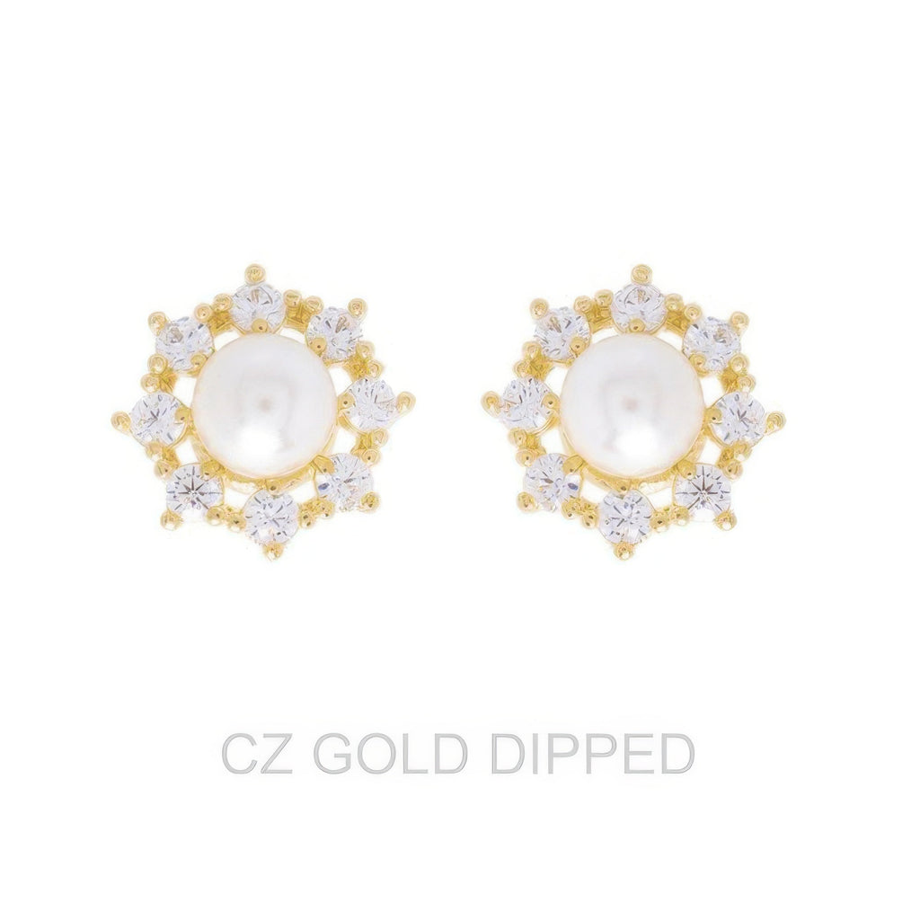 Gold Dipped Cz Pearl Halo Drop Earrings - DressAffection