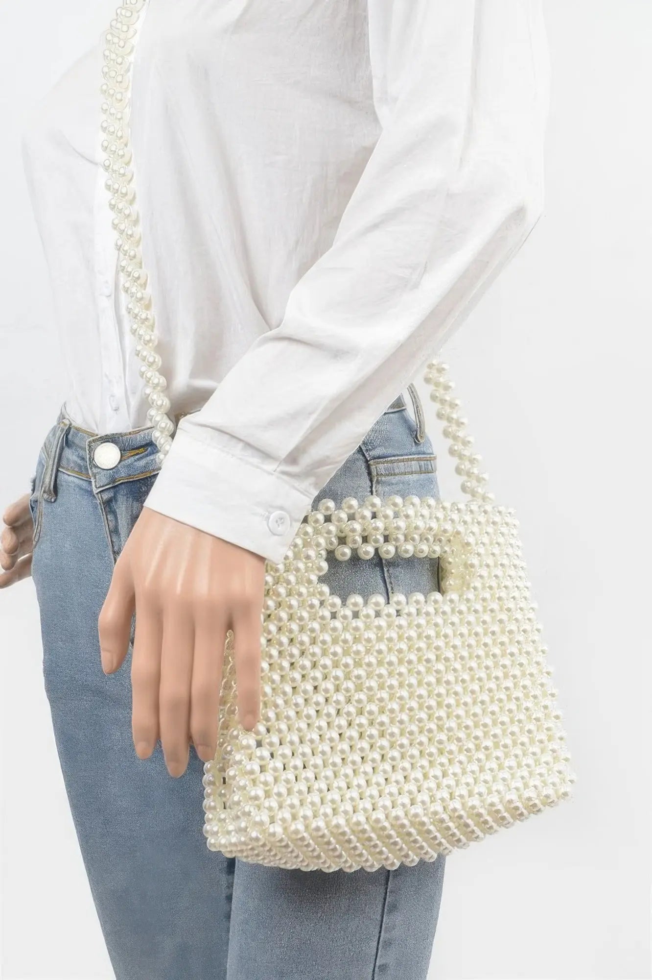 Hand Made Faux Pearl Bead Crossbody Bag - DressAffection