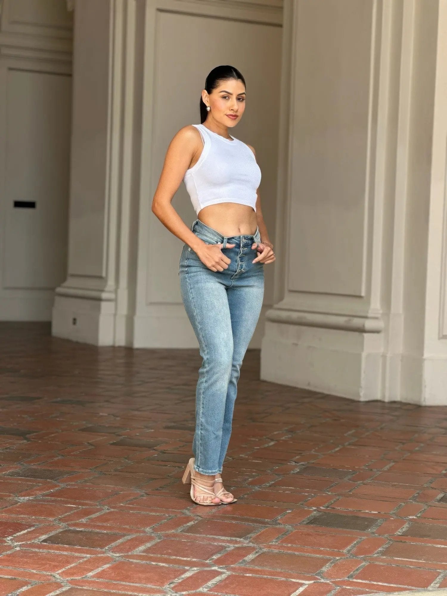 High Rise Cigarette Button Fly Straight Denim Jean - DressAffection