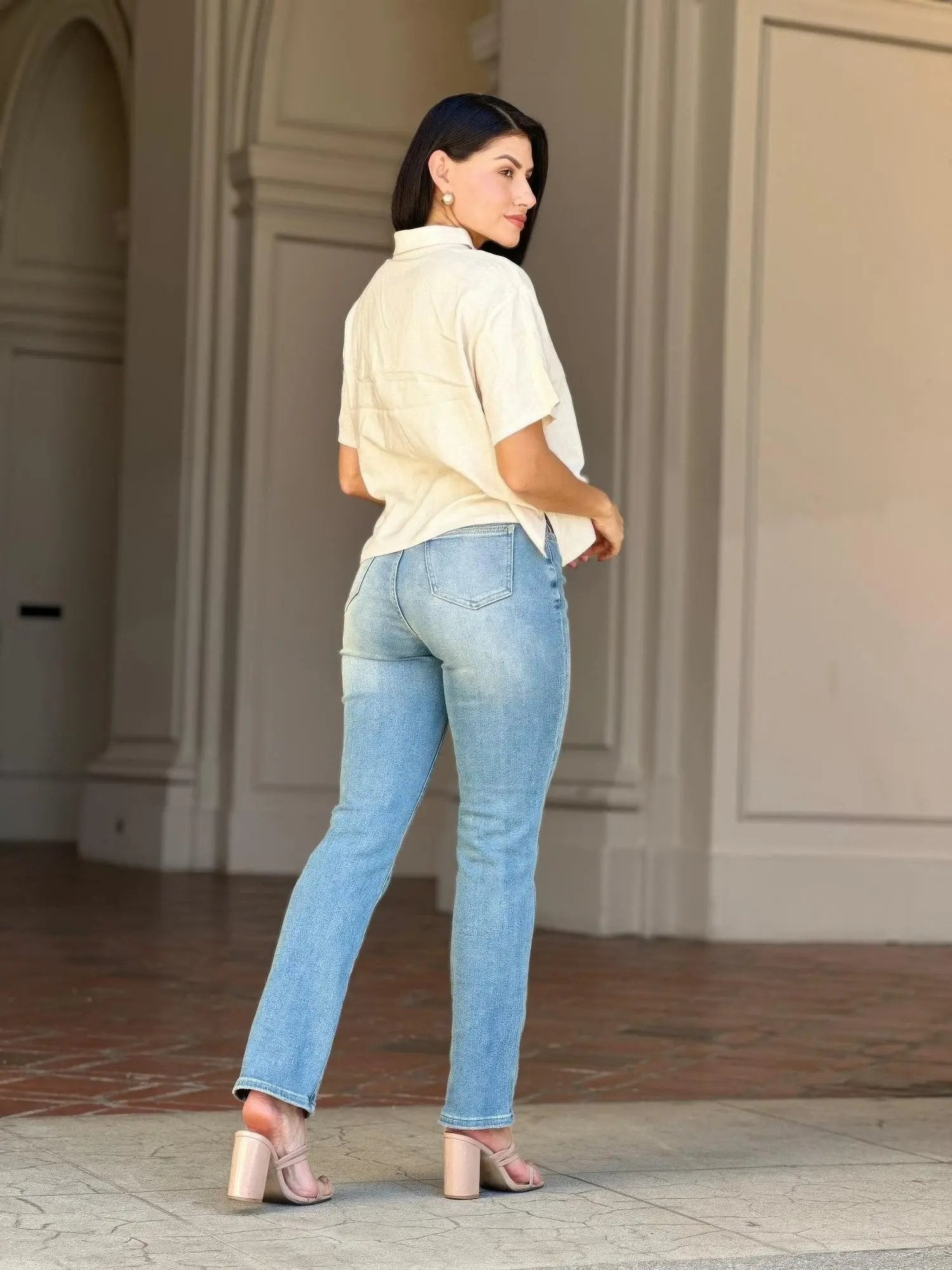 High Rise Cigarette Button Fly Straight Denim Jean - DressAffection