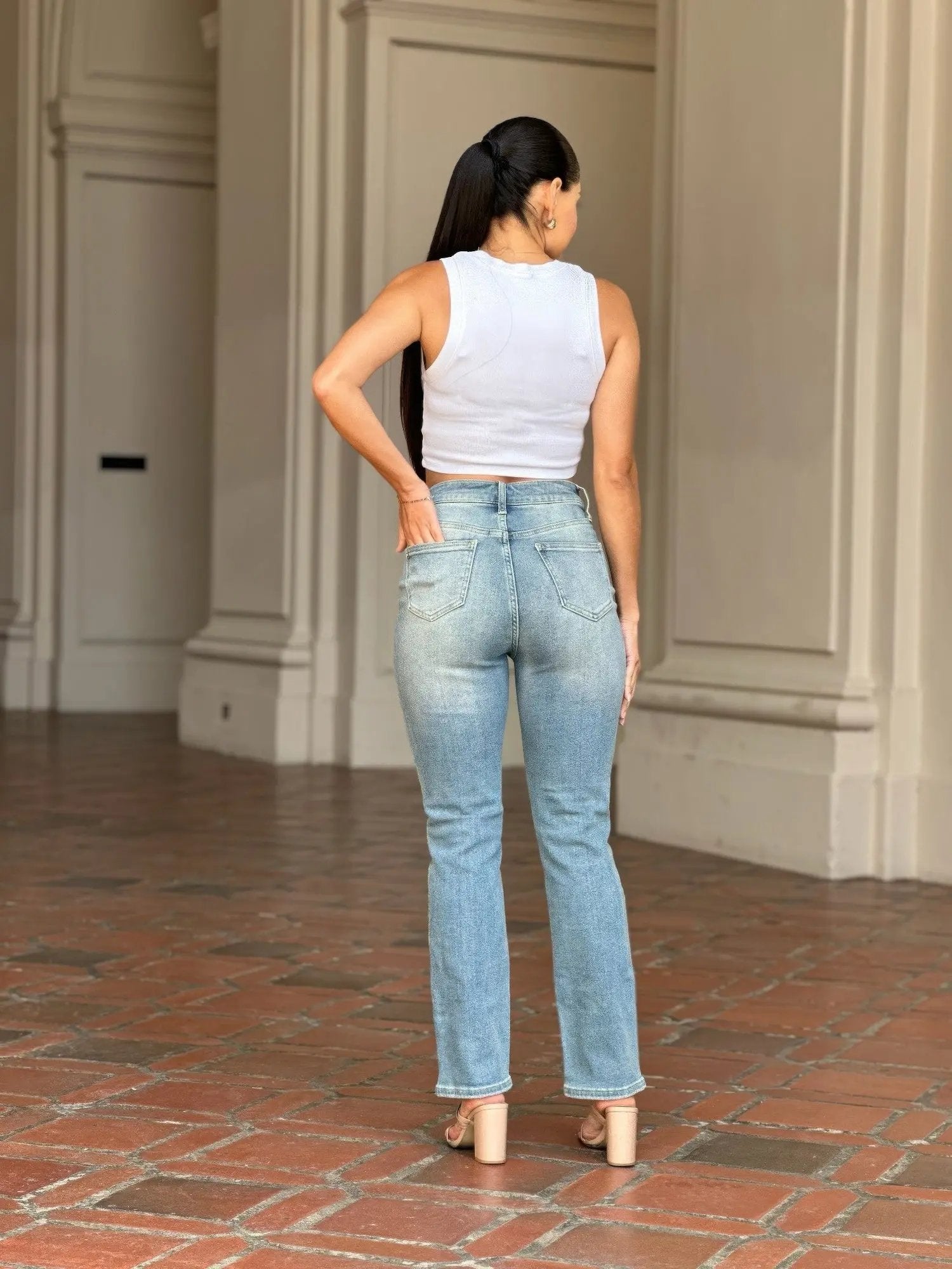 High Rise Cigarette Button Fly Straight Denim Jean - DressAffection