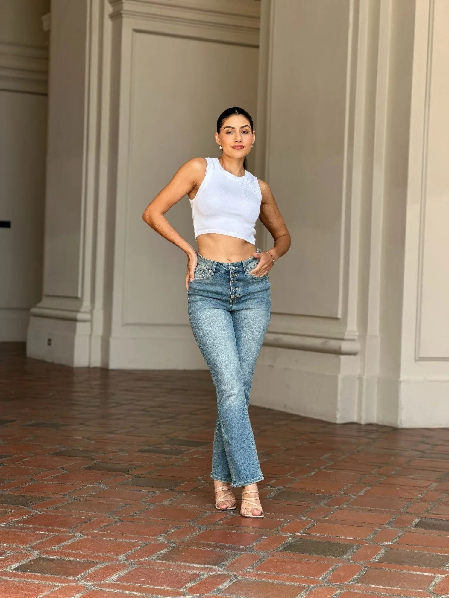 High Rise Cigarette Button Fly Straight Denim Jean - DressAffection