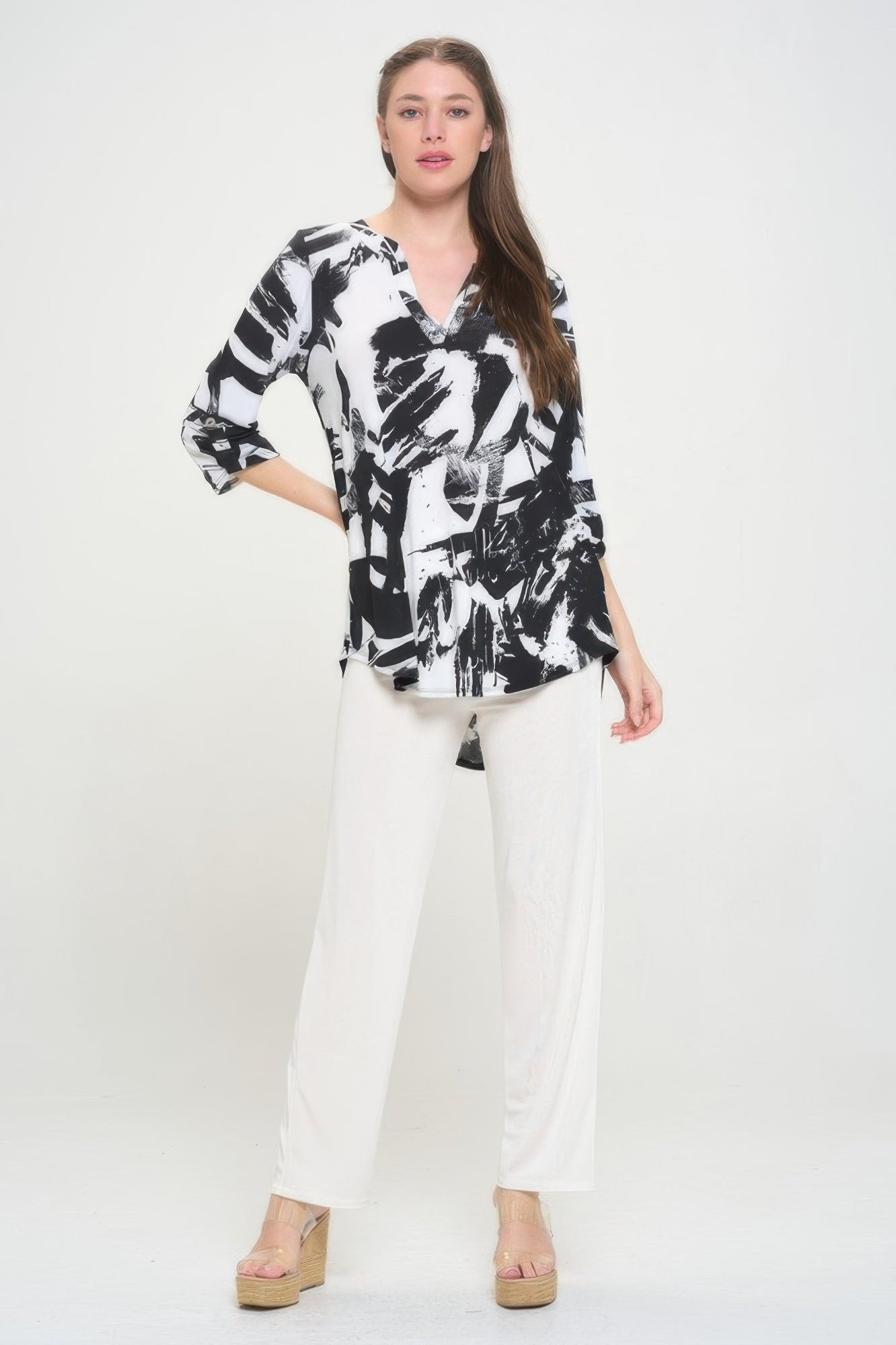 Hit Notch Neck Rolled Sleeve Top - DressAffection