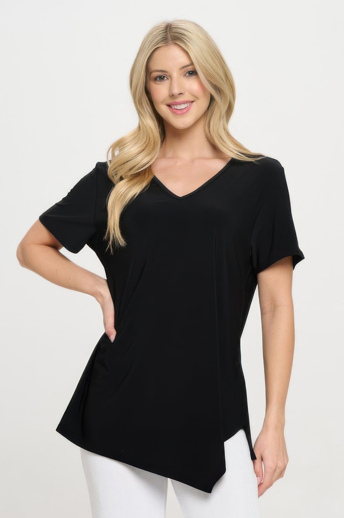 Hit Point V Neck Short Sleeve Top - DressAffection