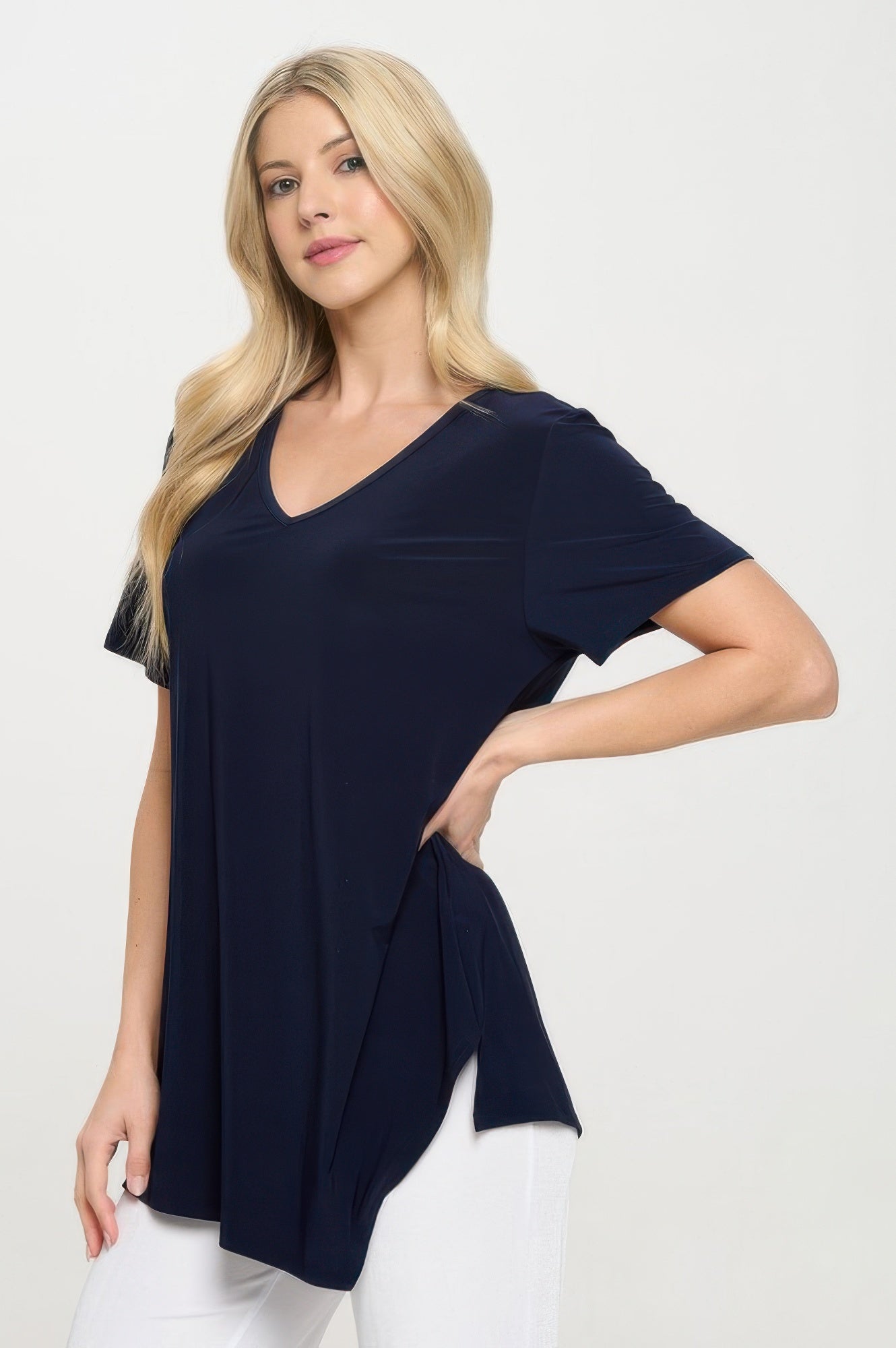 Hit Point V Neck Short Sleeve Top - DressAffection