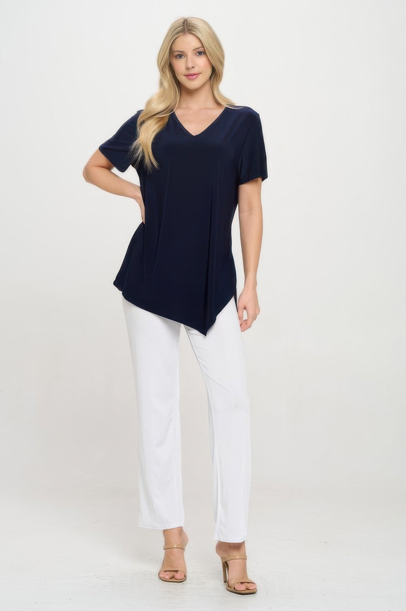 Hit Point V Neck Short Sleeve Top - DressAffection