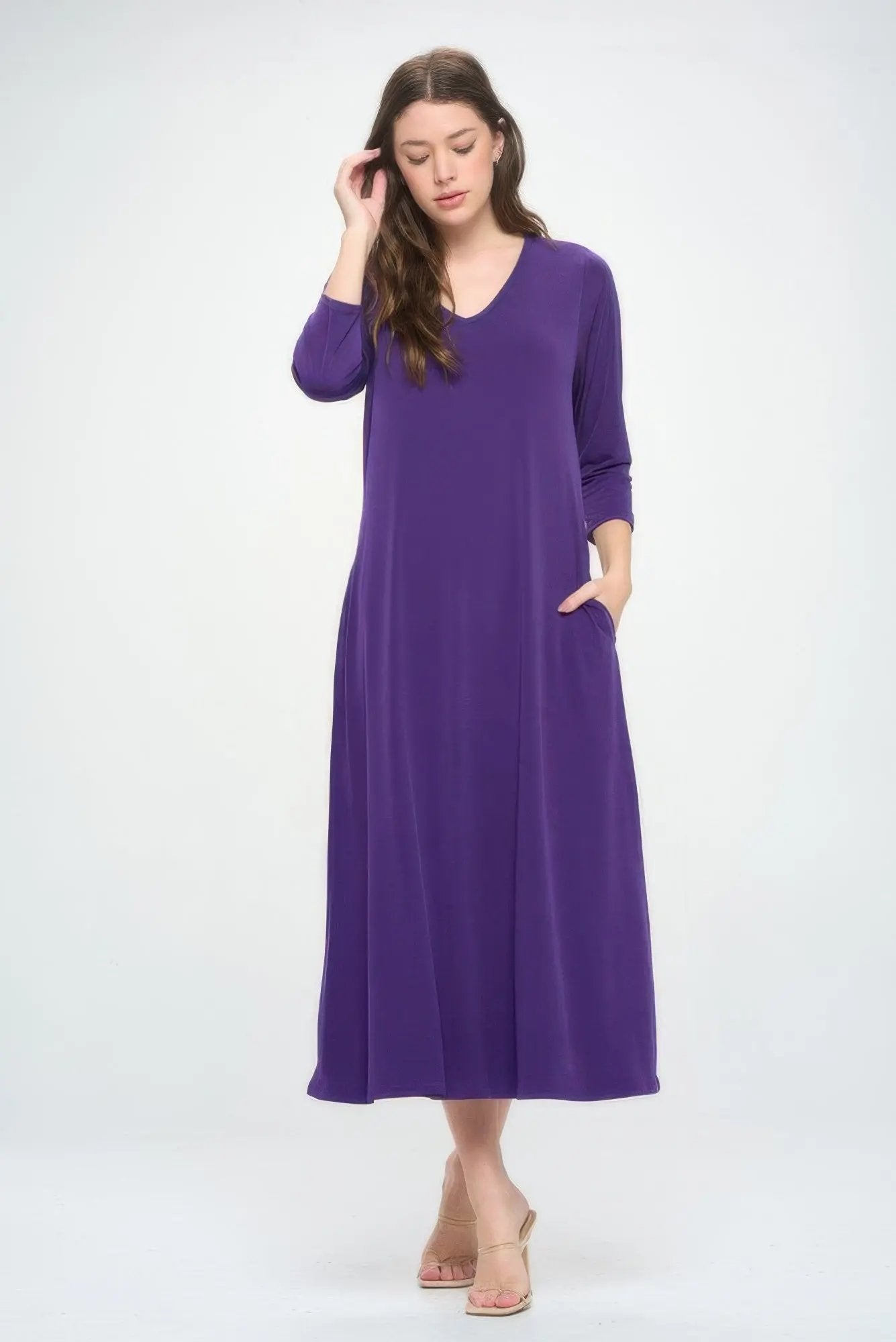 Hit V-neck Long Dress W/pocket - DressAffection