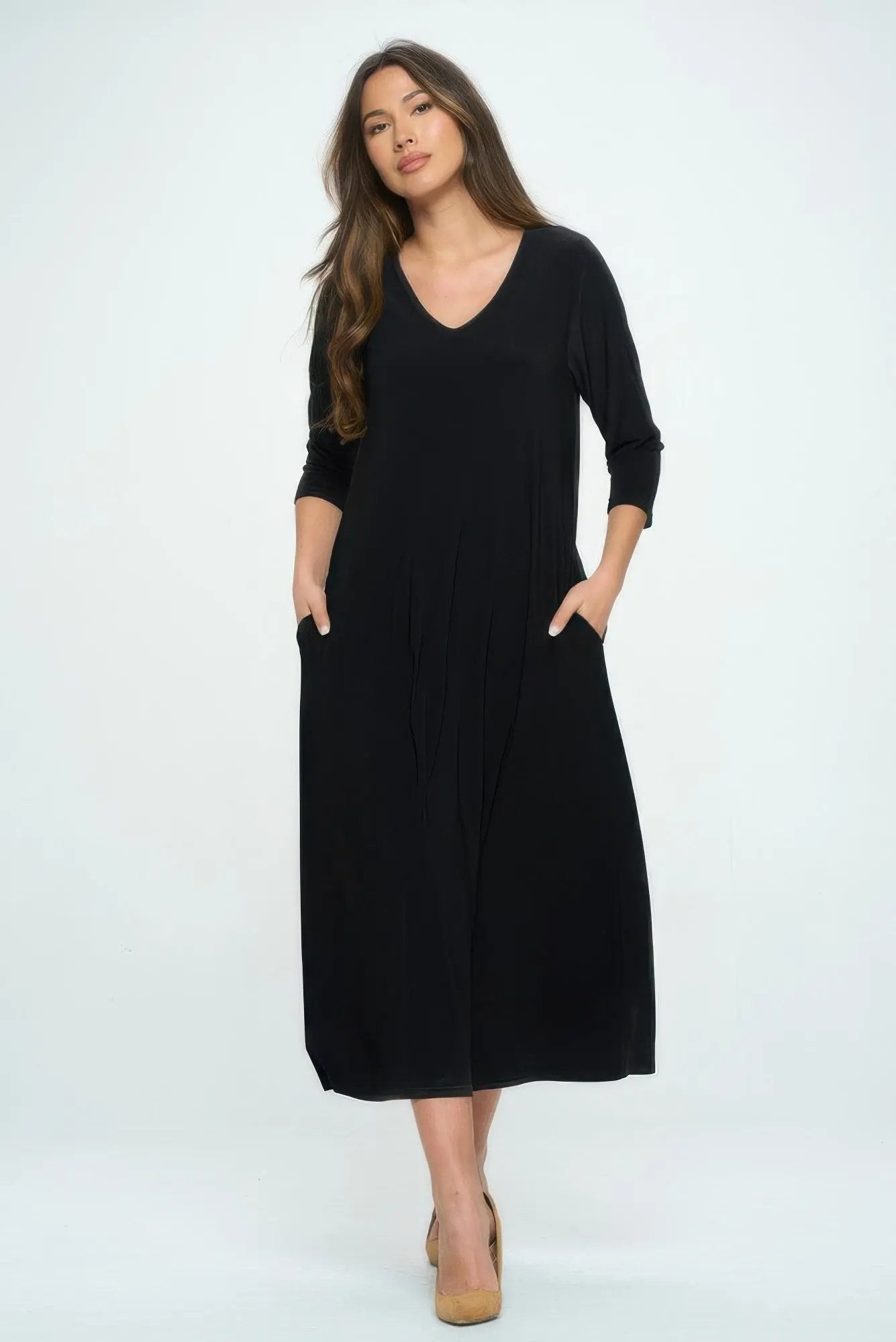 Hit V-neck Long Dress W/pocket - DressAffection