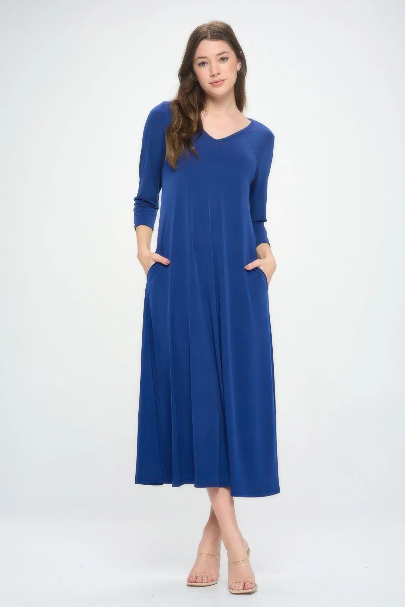 Hit V-neck Long Dress W/pocket - DressAffection