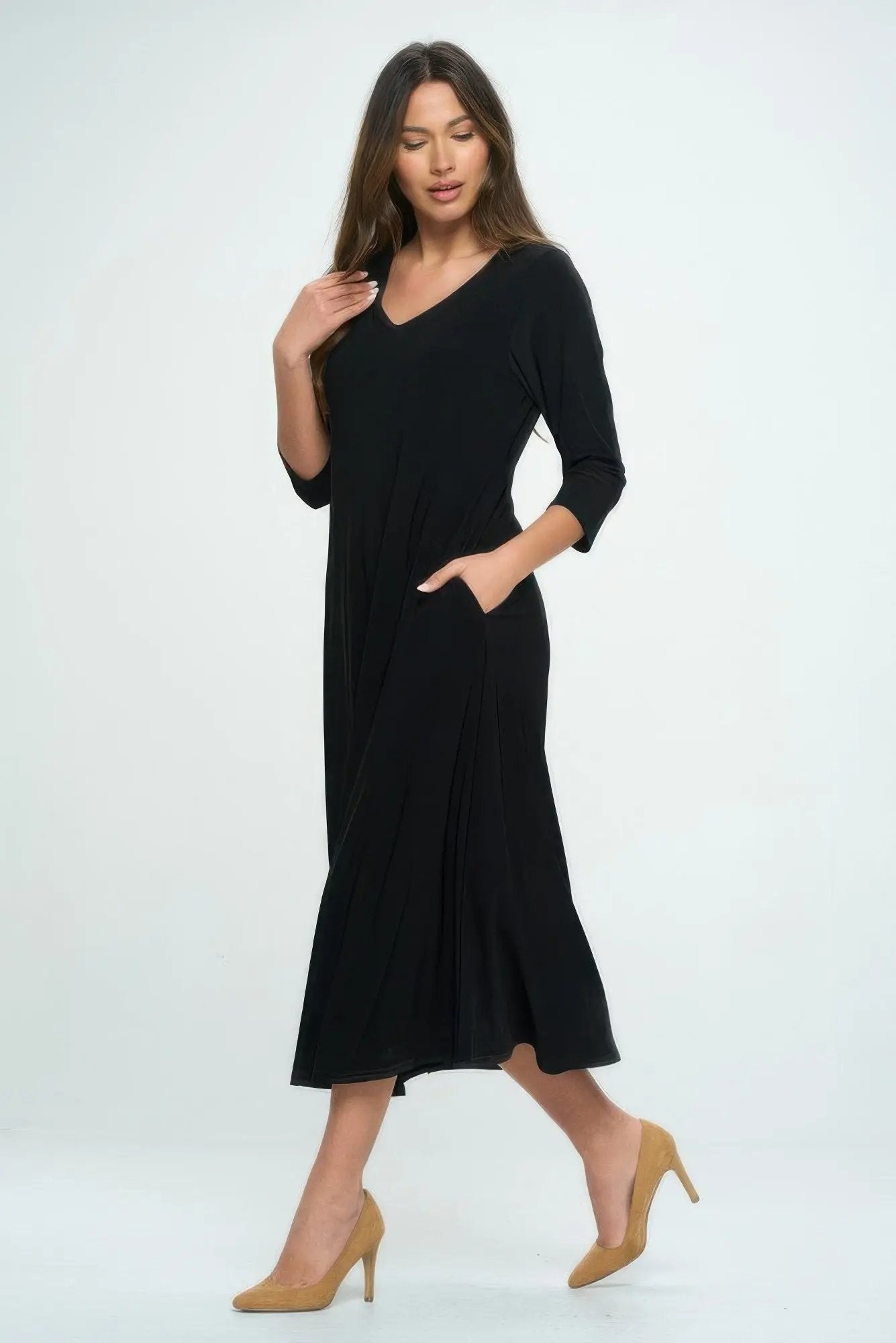 Hit V-neck Long Dress W/pocket - DressAffection