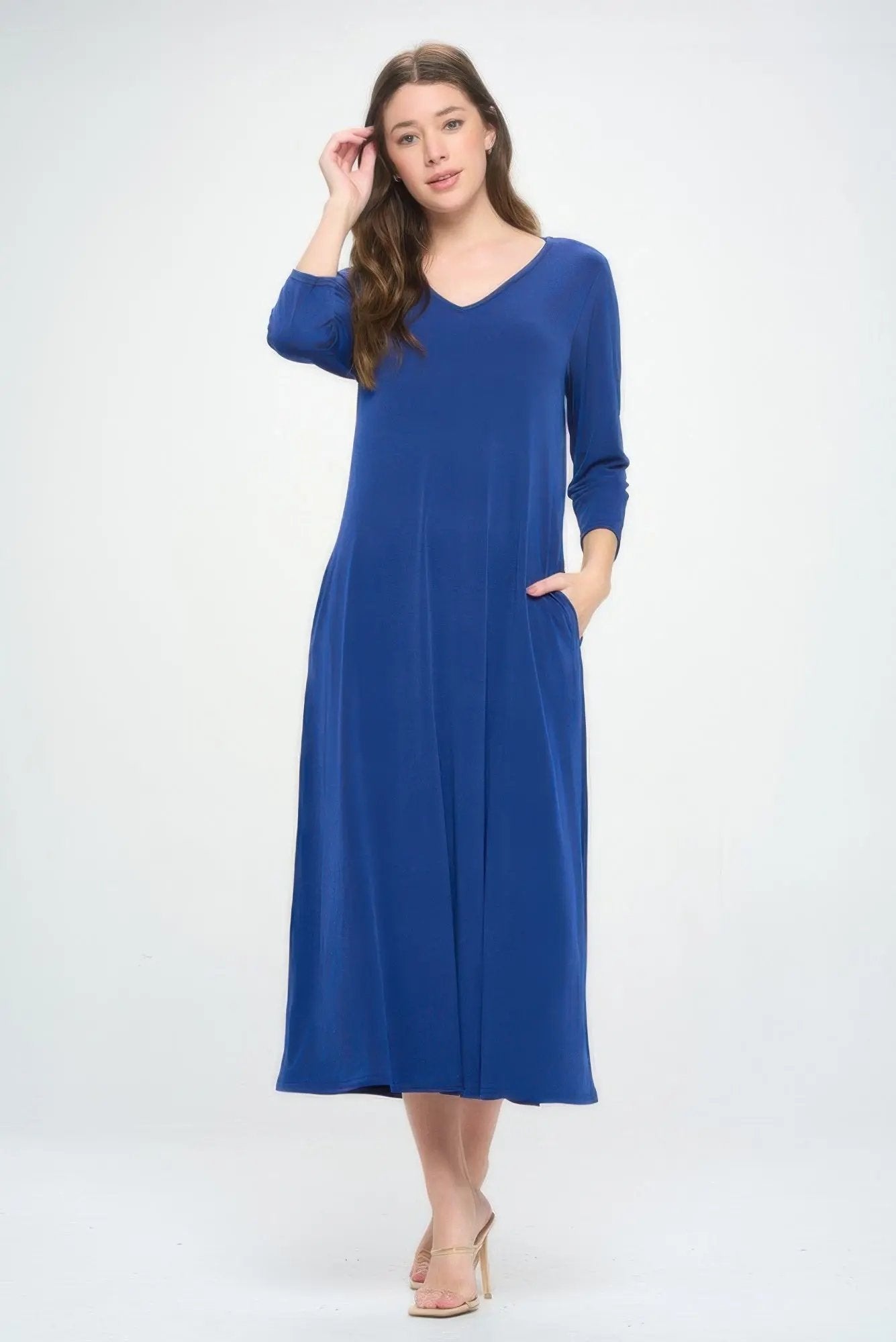Hit V-neck Long Dress W/pocket - DressAffection