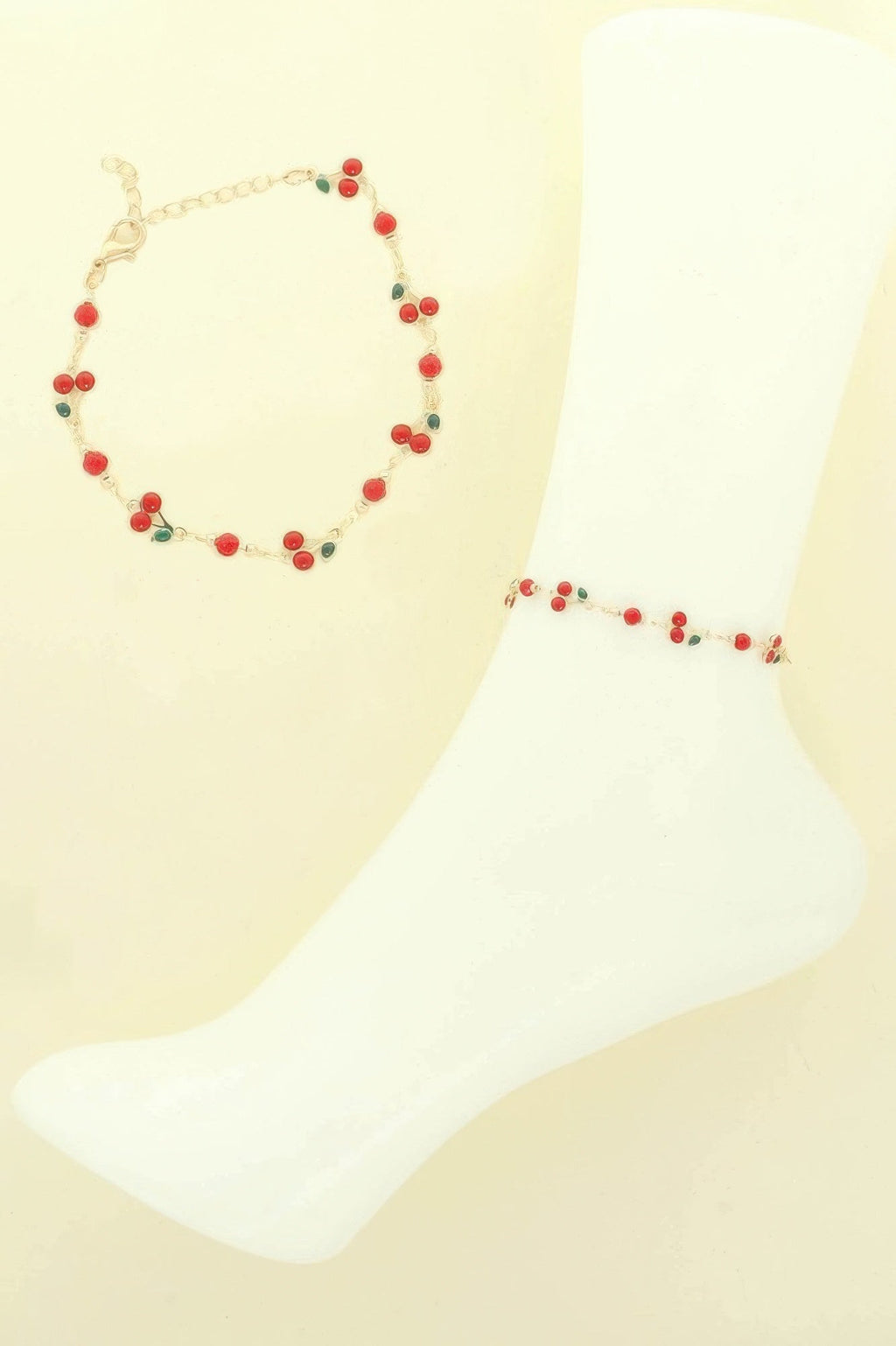 Jeweled Red Cherry Charm Anklet - DressAffection