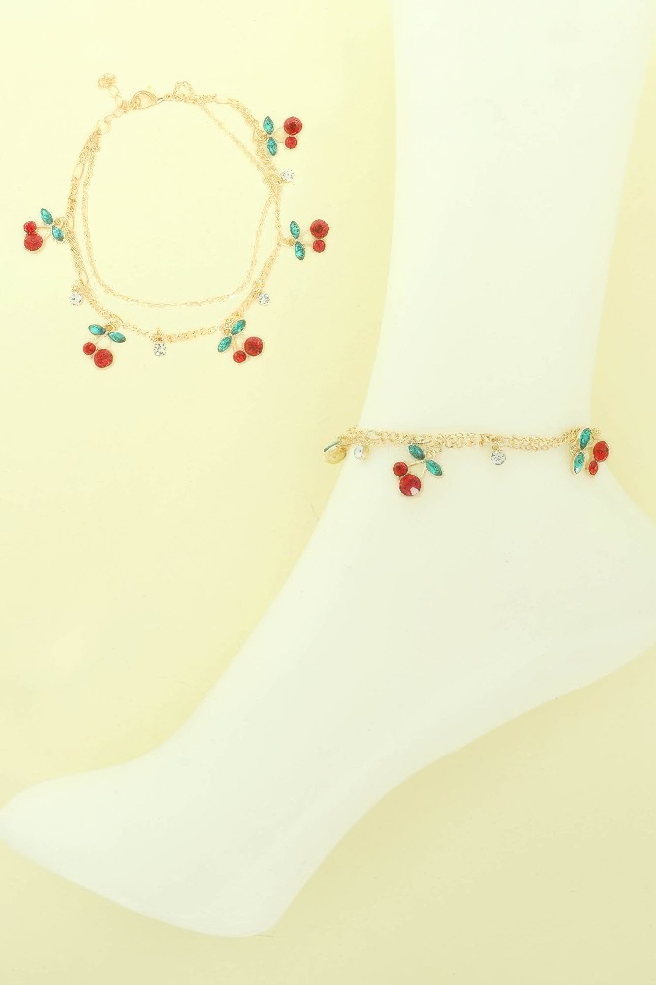 Jeweled Red Cherry Charm Anklet - DressAffection