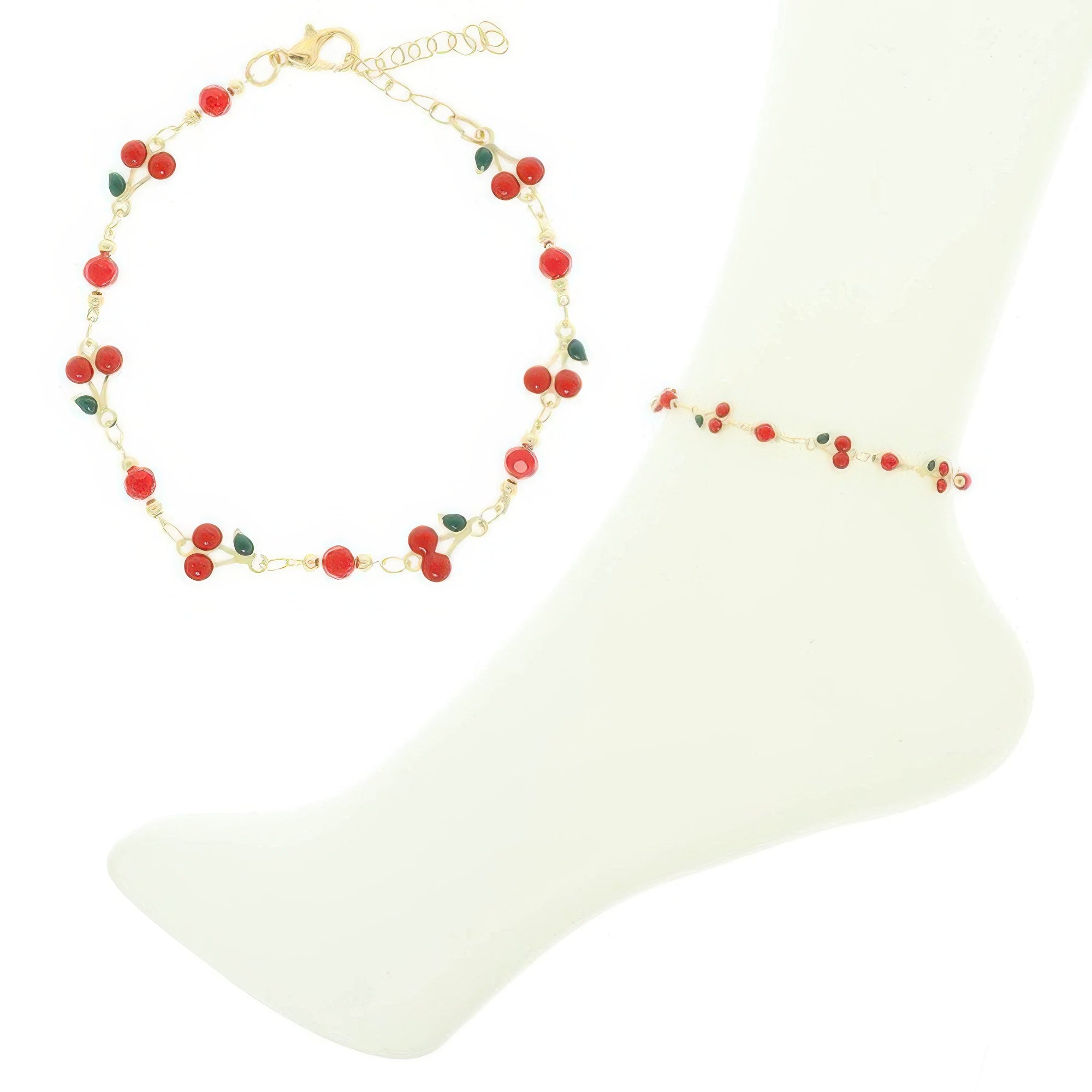 Jeweled Red Cherry Charm Anklet - DressAffection