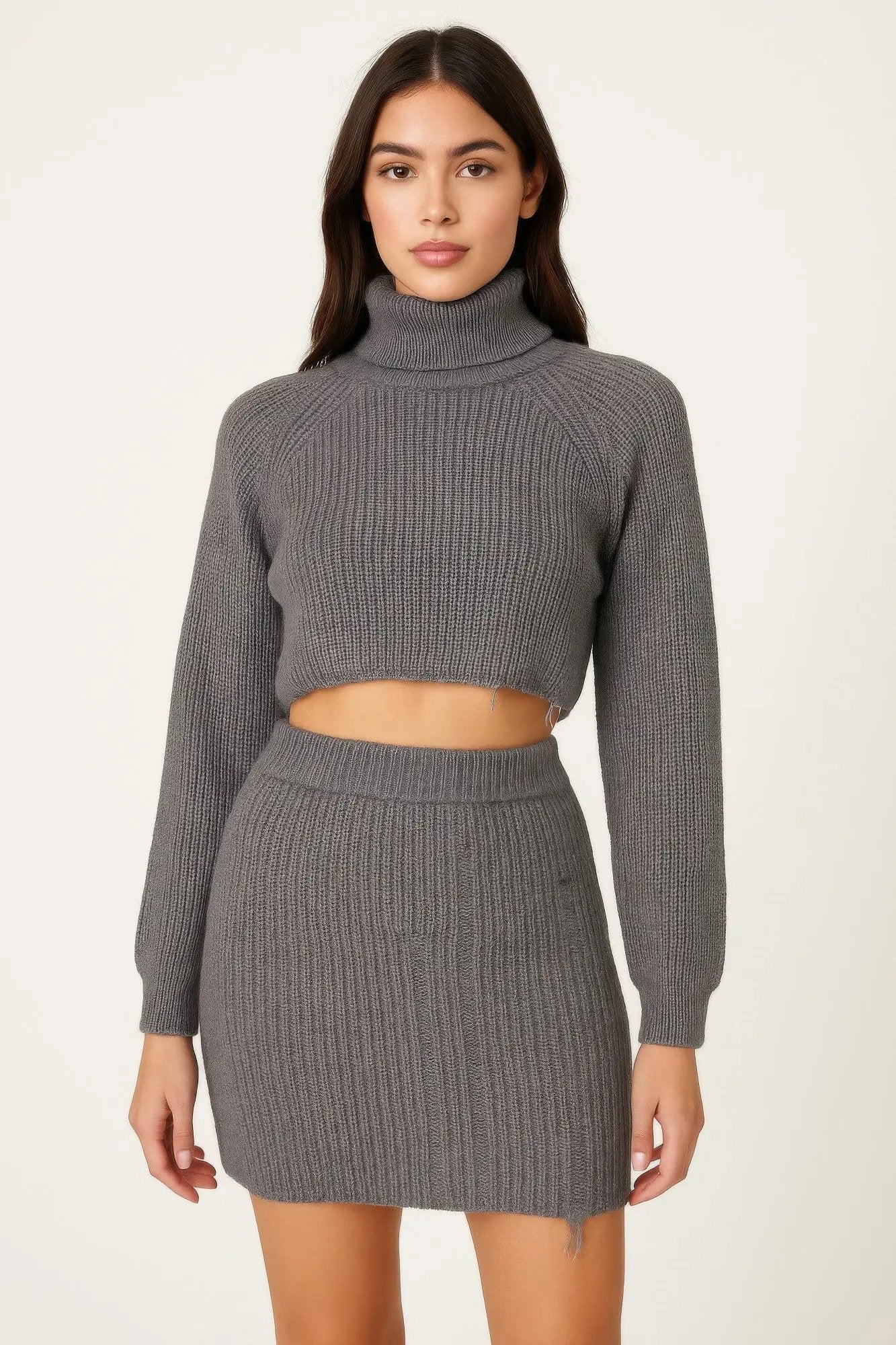Knit Mock Neck Top And Skirt - DressAffection