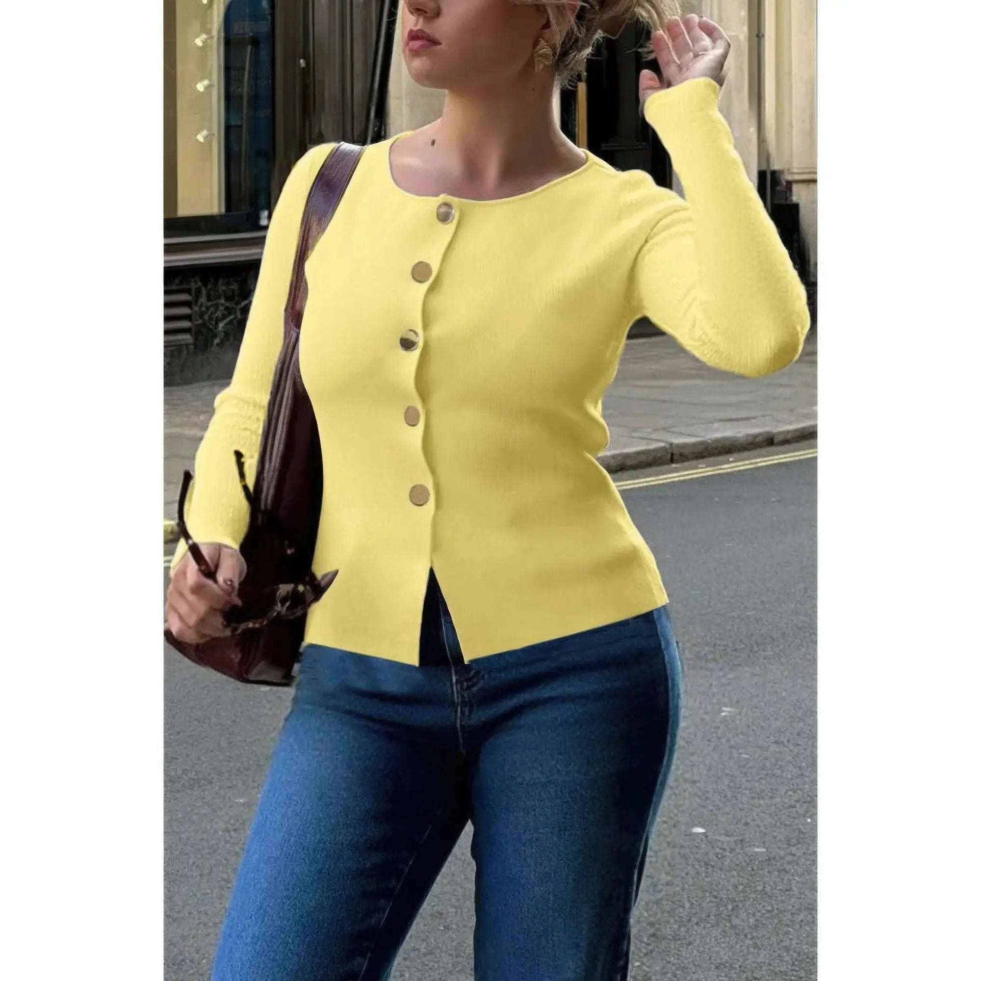 Knit Round Neck Button Up Long Sleeves Sweater - DressAffection