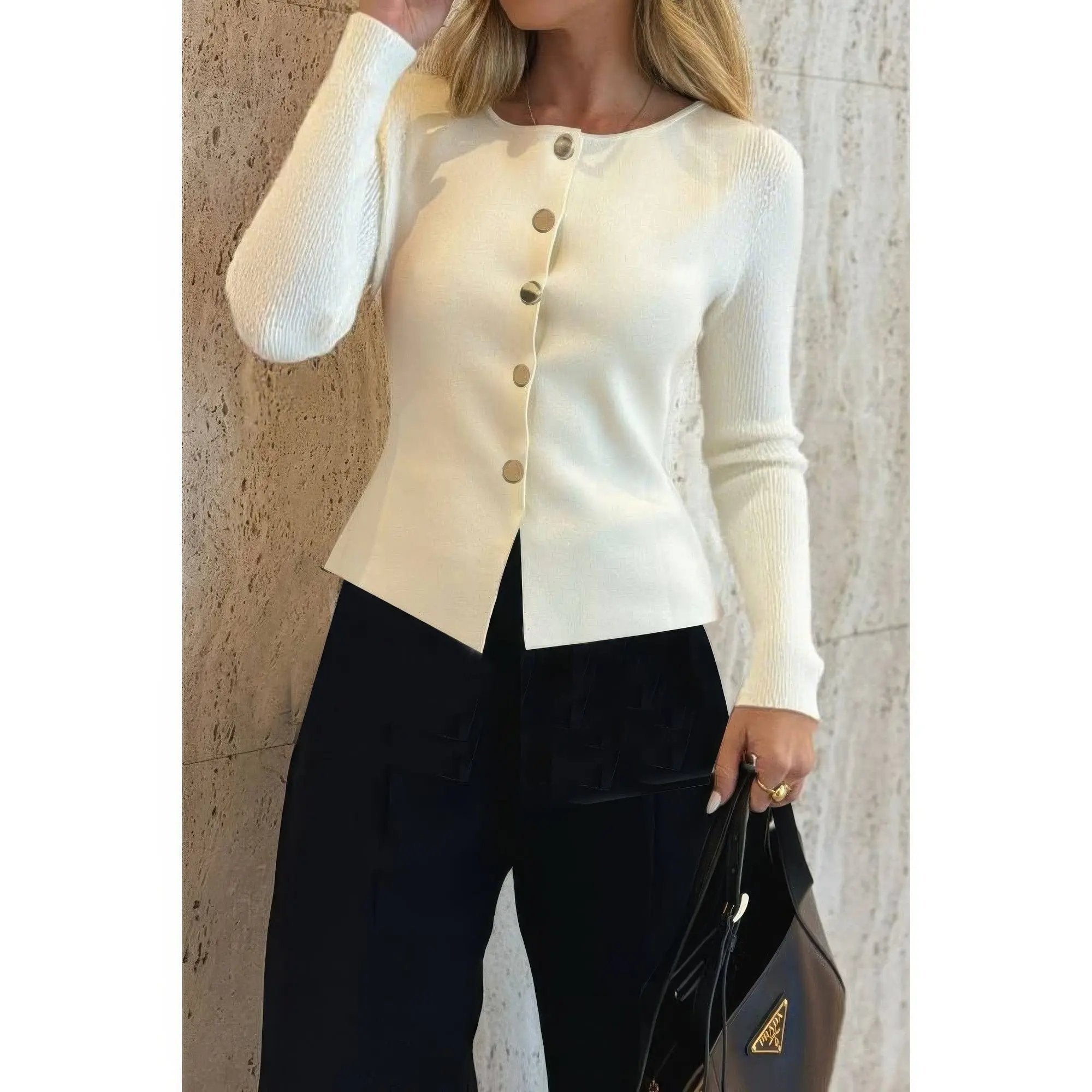 Knit Round Neck Button Up Long Sleeves Sweater - DressAffection