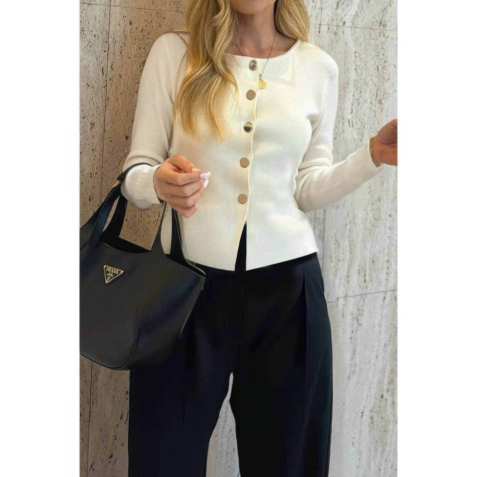 Knit Round Neck Button Up Long Sleeves Sweater - DressAffection