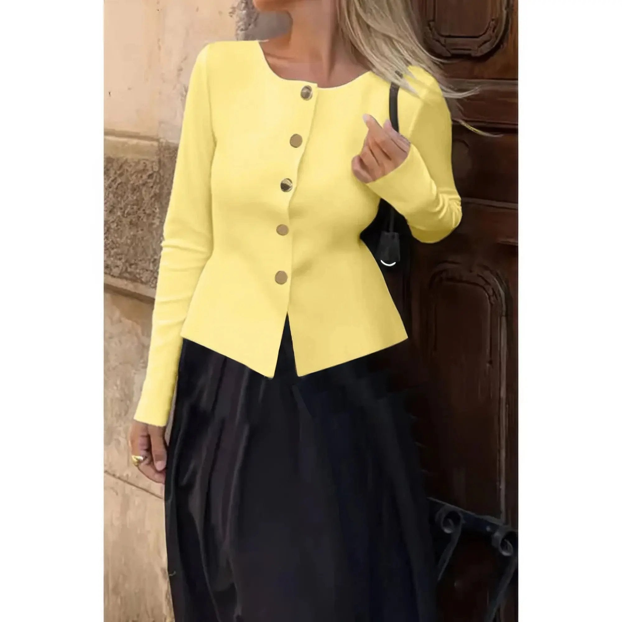 Knit Round Neck Button Up Long Sleeves Sweater - DressAffection