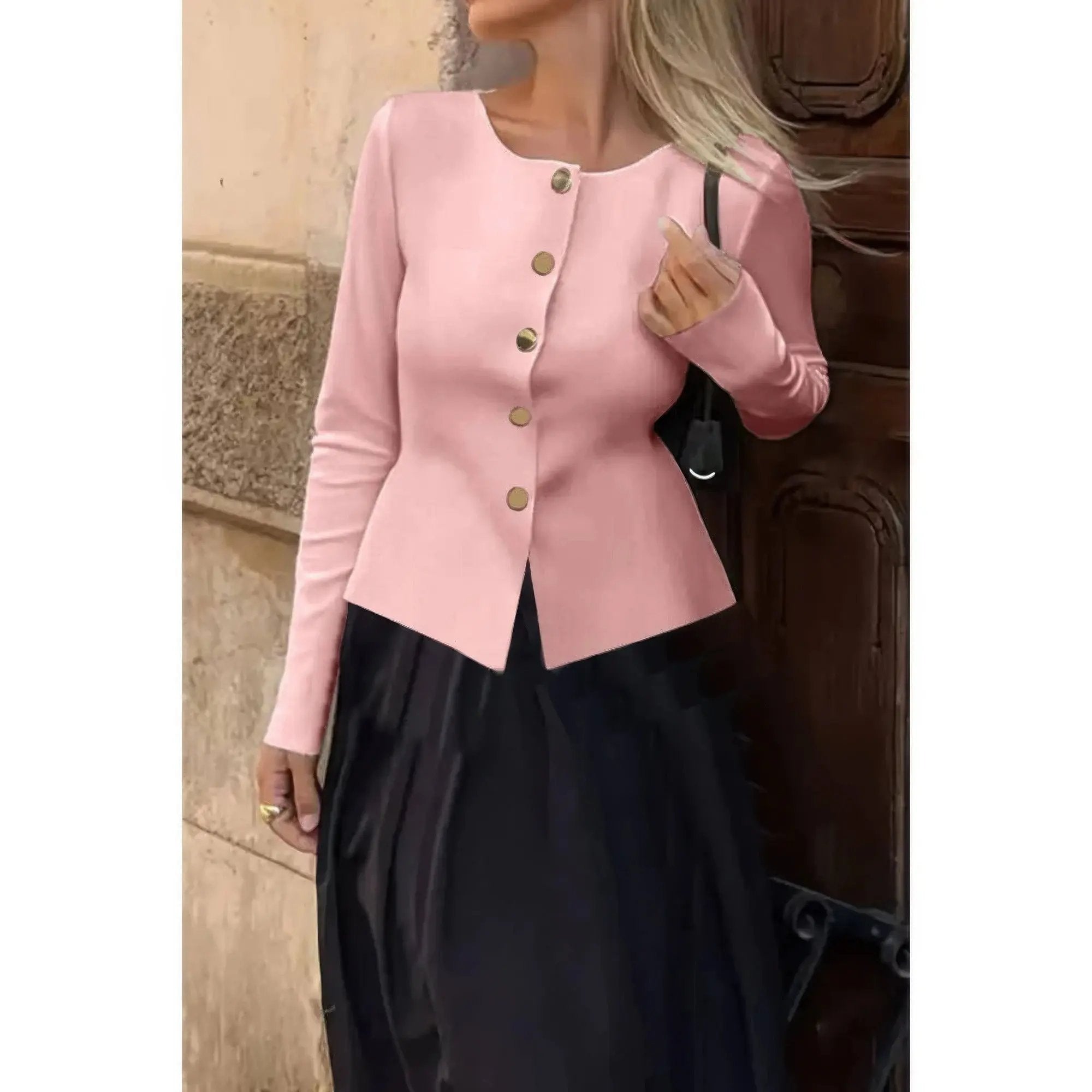 Knit Round Neck Button Up Long Sleeves Sweater - DressAffection