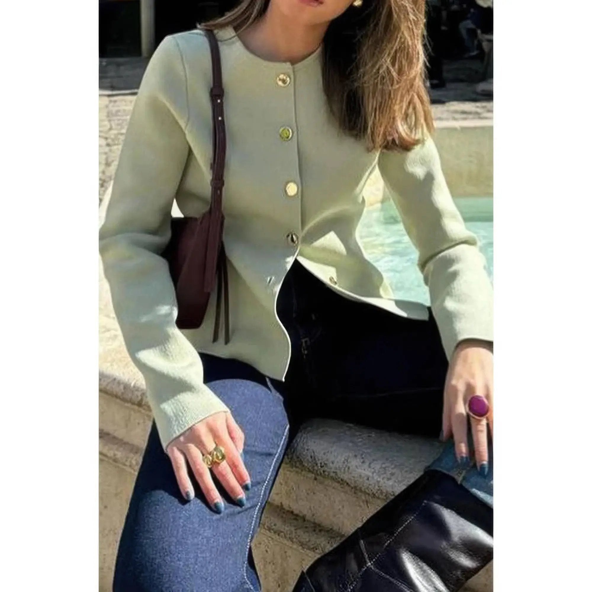 Knit Round Neck Button Up Long Sleeves Sweater - DressAffection