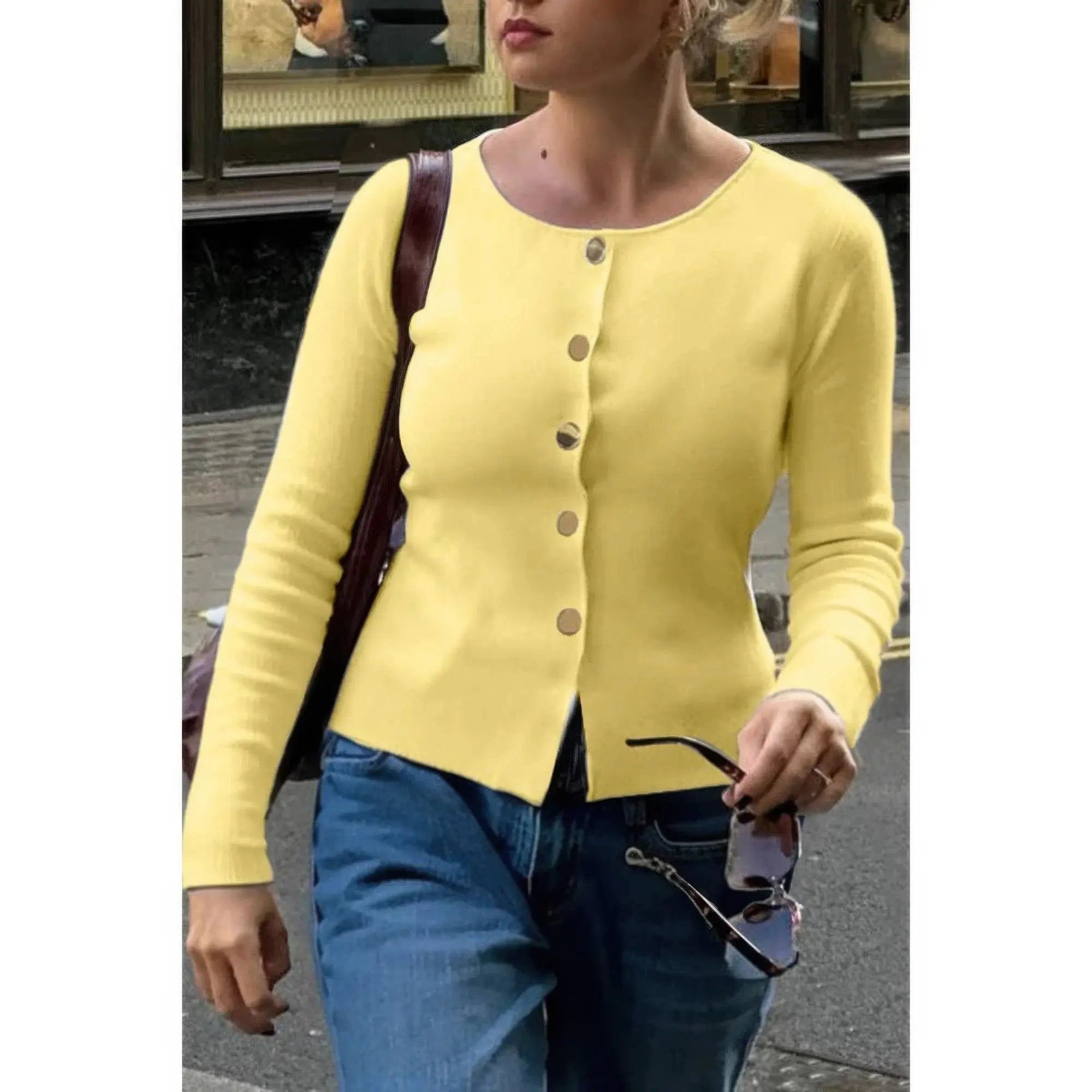 Knit Round Neck Button Up Long Sleeves Sweater - DressAffection