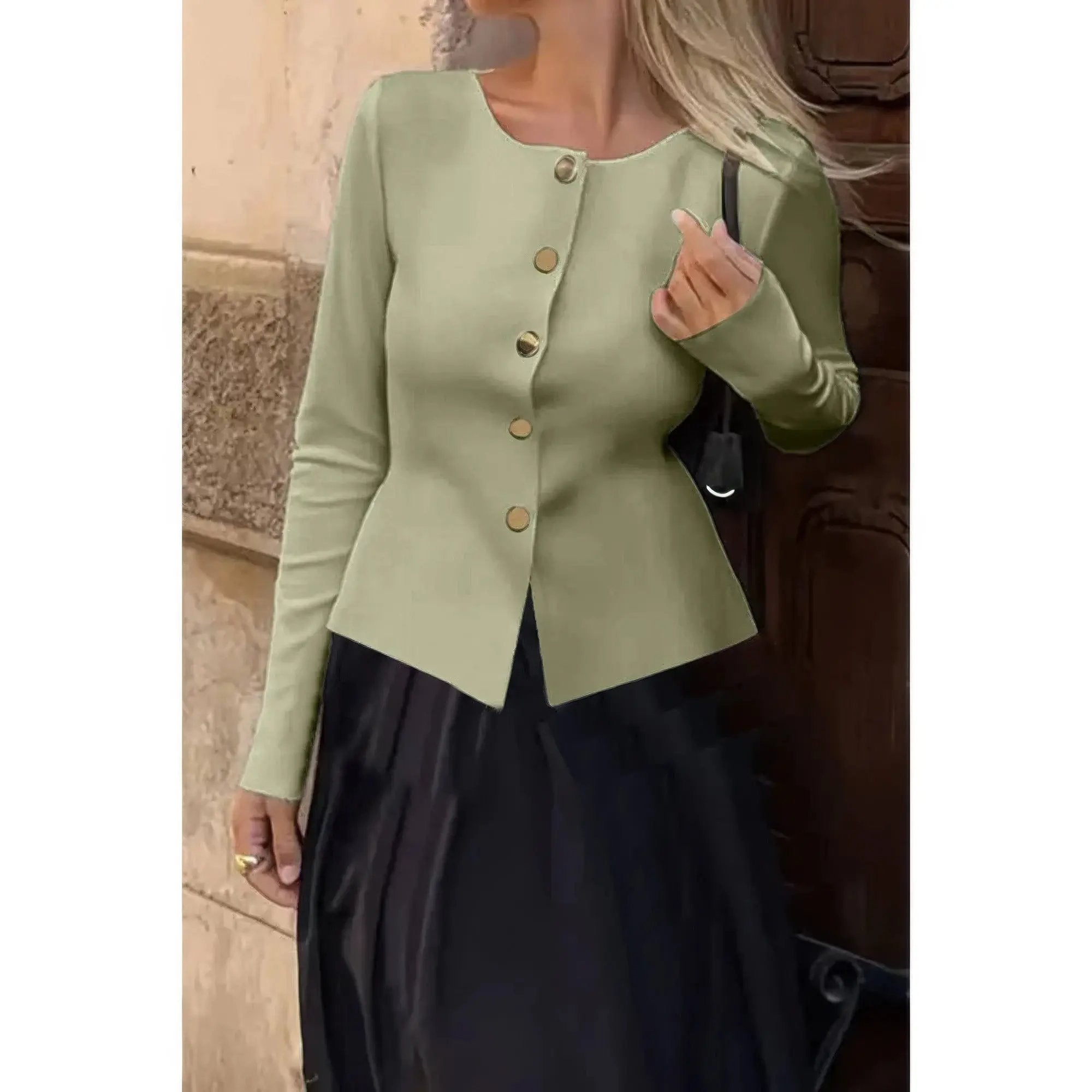 Knit Round Neck Button Up Long Sleeves Sweater - DressAffection